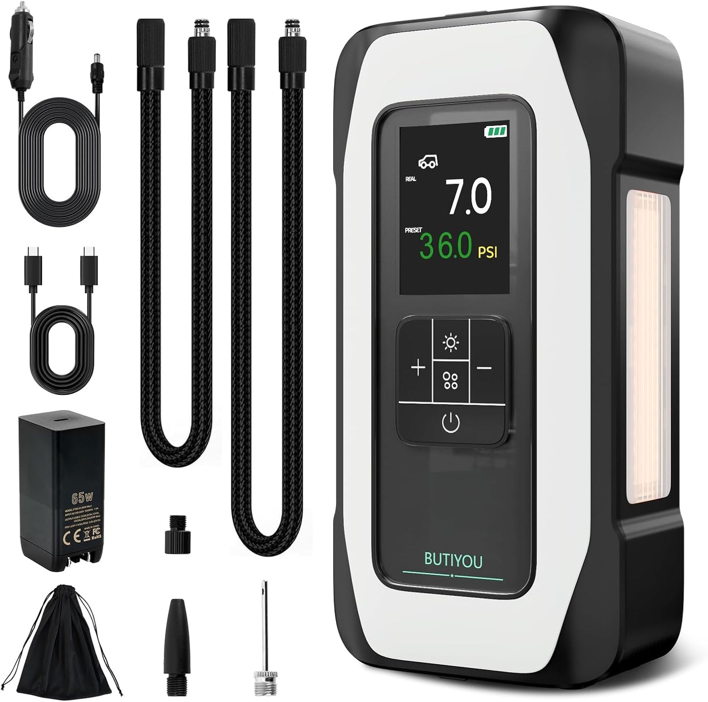 BY01 Tire Inflator Portable Air Compressor for Large Tires,Smart Air Pump with Dual Cylinder,Clourful Digital Sceen,Atuo Stop,150PSI Electric 16000mAh Cordless 12V Corded Dual-Use