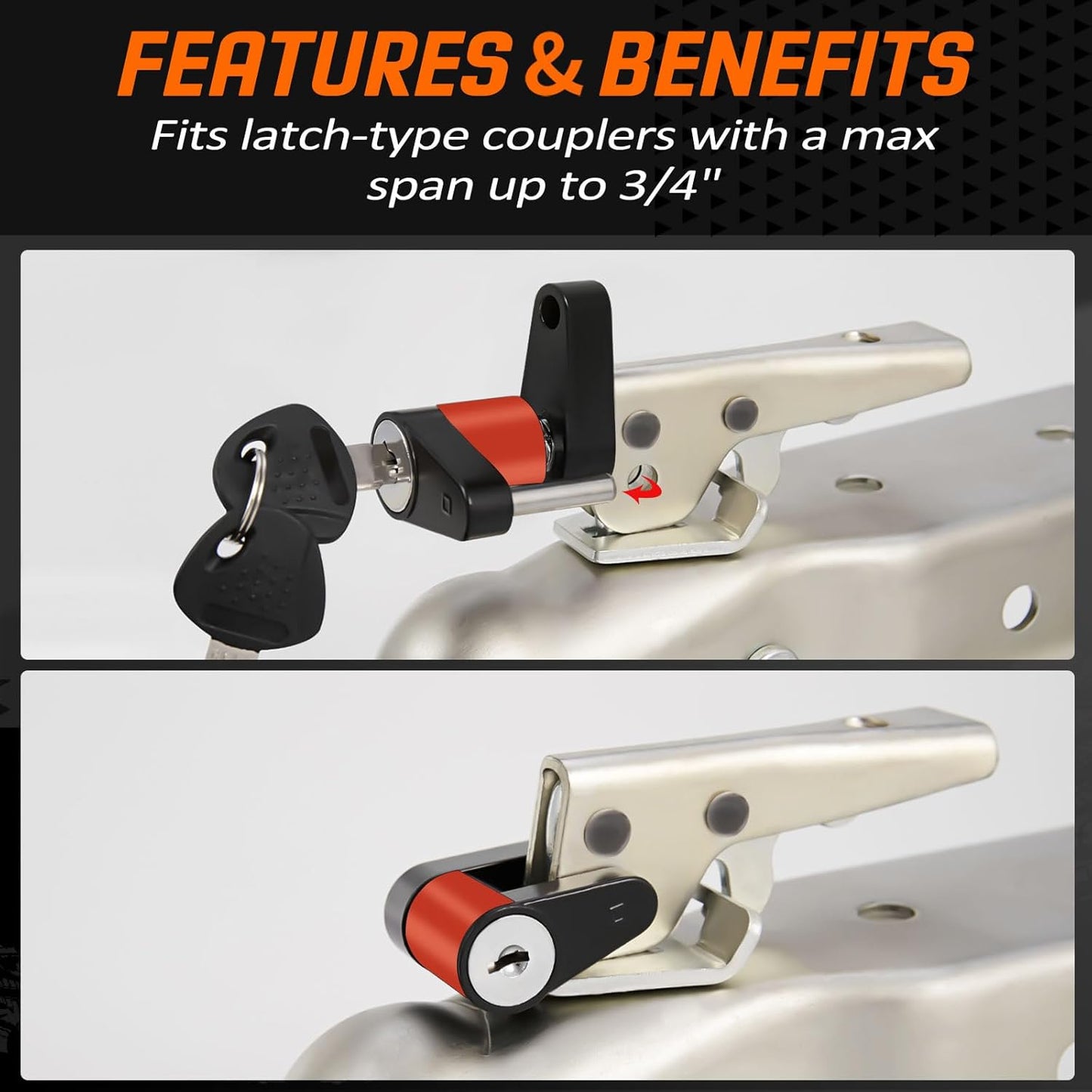 METOWARE Trailer Tongue Coupler Lock, 1/4" Dia with 3/4" Span Trailer Tongue Lock, Heavy-Duty Steel Trailer Coupler Lock for Tow Boat RV Truck Car's Coupler with Anti-Rattle Rubber Ring (1 Pack)