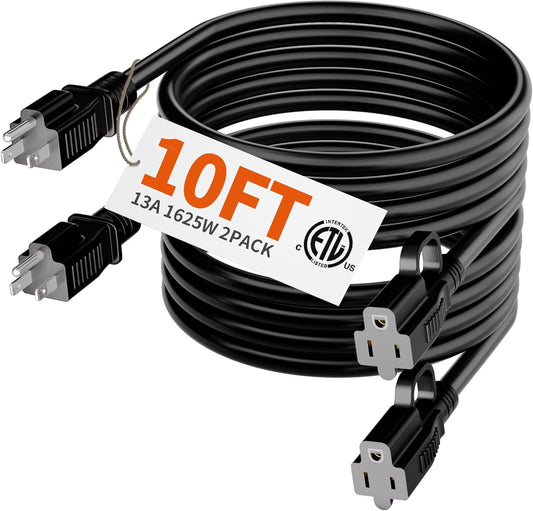 HUANCHAIN 10 ft (2pack) Indoor Outdoor Black Extension Cord Waterproof, 16/3 Gauge Flexible Cold-Resistant Appliance Cord Outside, 13A 1625W 16AWG SJTW, 3 Prong Heavy Duty Electric Cable, ETL