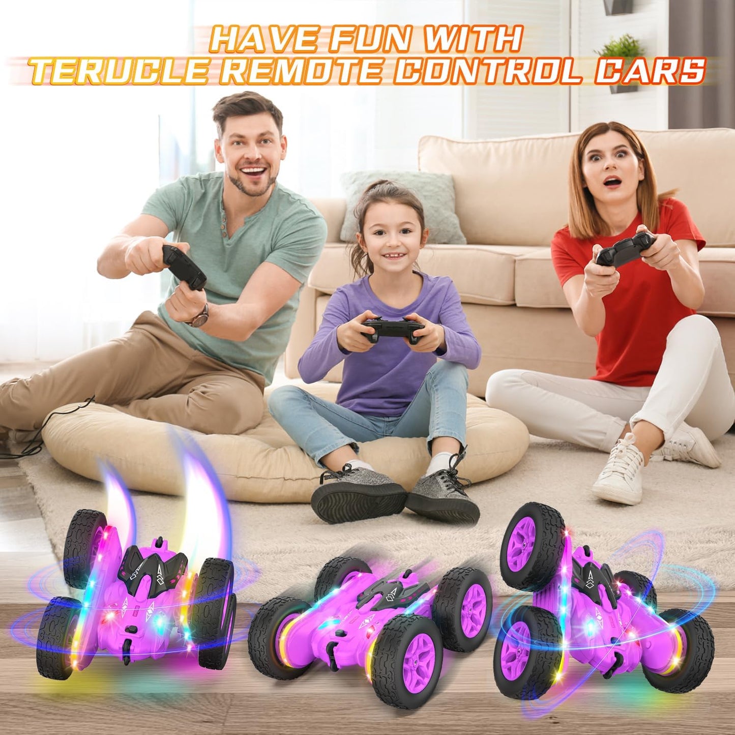 Remote Control Car, Rc Cars Stunt RC Car Toys New Upgraded Strip Lights and Headlights Girl Toys Double-Sided 360° Rotating 4WD Drift Truck for Boys Girls Birthday Gift (Purple)