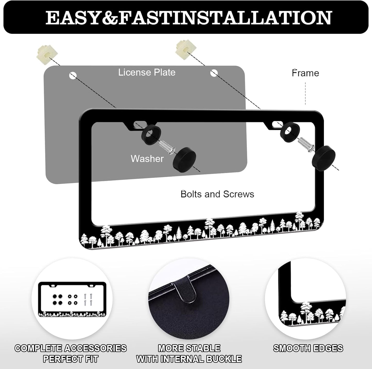 Forest License Plate Frames - 2 Pack Forest Tree Black Stainless Steel License Plate Holder,Rust-Proof Waterproof Car Decorative Tag Frame with Screws Fasteners Caps