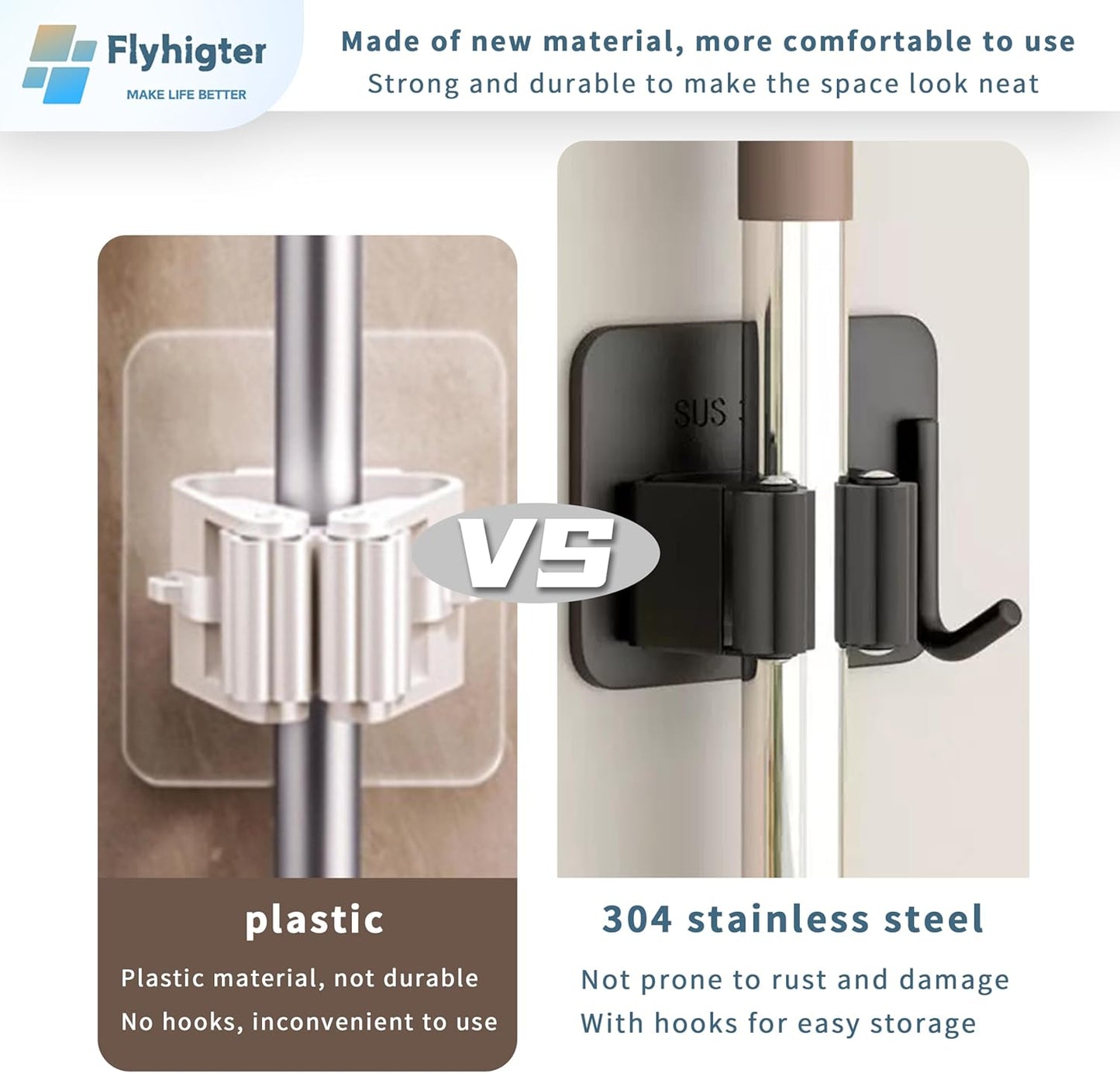 Stainless Steel Mop Holder Wall Mount – 4 Pack Heavy-Duty Broom Organizer with Strong Grip, Adhesive or Nail-Free Glue Installation for Bathroom, Kitchen, Garage