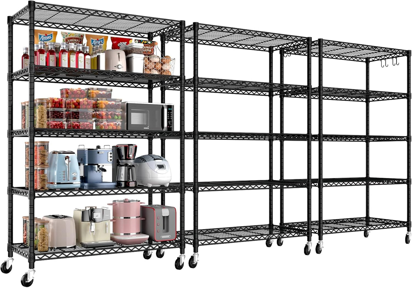 PrimeZone 3 Packs 36" W x 16" D x 79" H Wire Storage Shelves with Wheels, 5 Tier NSF Certified Heavy Duty Adjustable Kitchen Shelving Unit, Pantry Organizer Rack Rolling Metal Shelf for Garage Closet