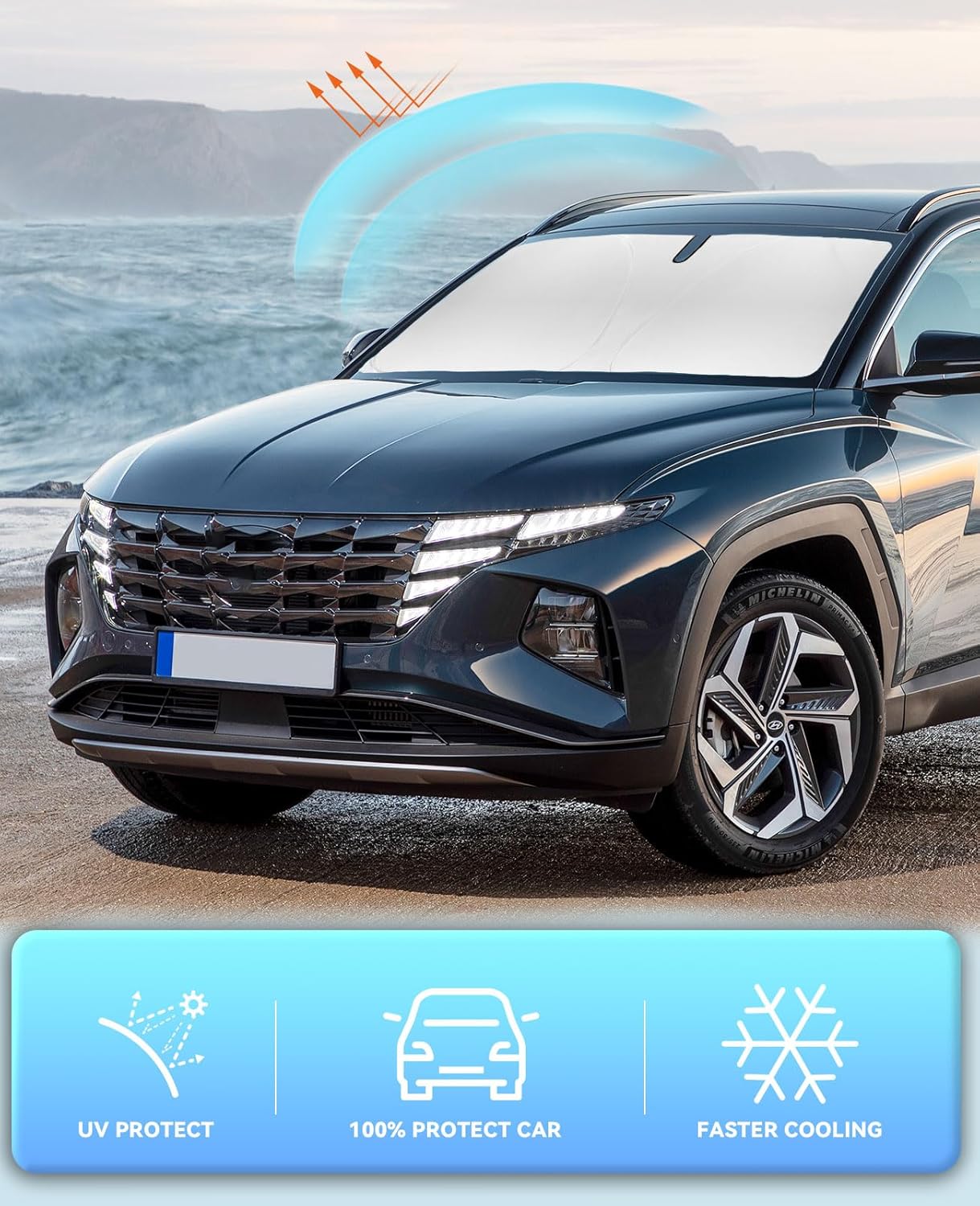 Sun Shade for Tucson Windshield Sunshades for 2016-2020 2021 Tucson for Hyundai Windshield Cover Foldable Front Window Shields 240T Silver Coating Protector Sun Visor Blocks UV Rays Car Accessories