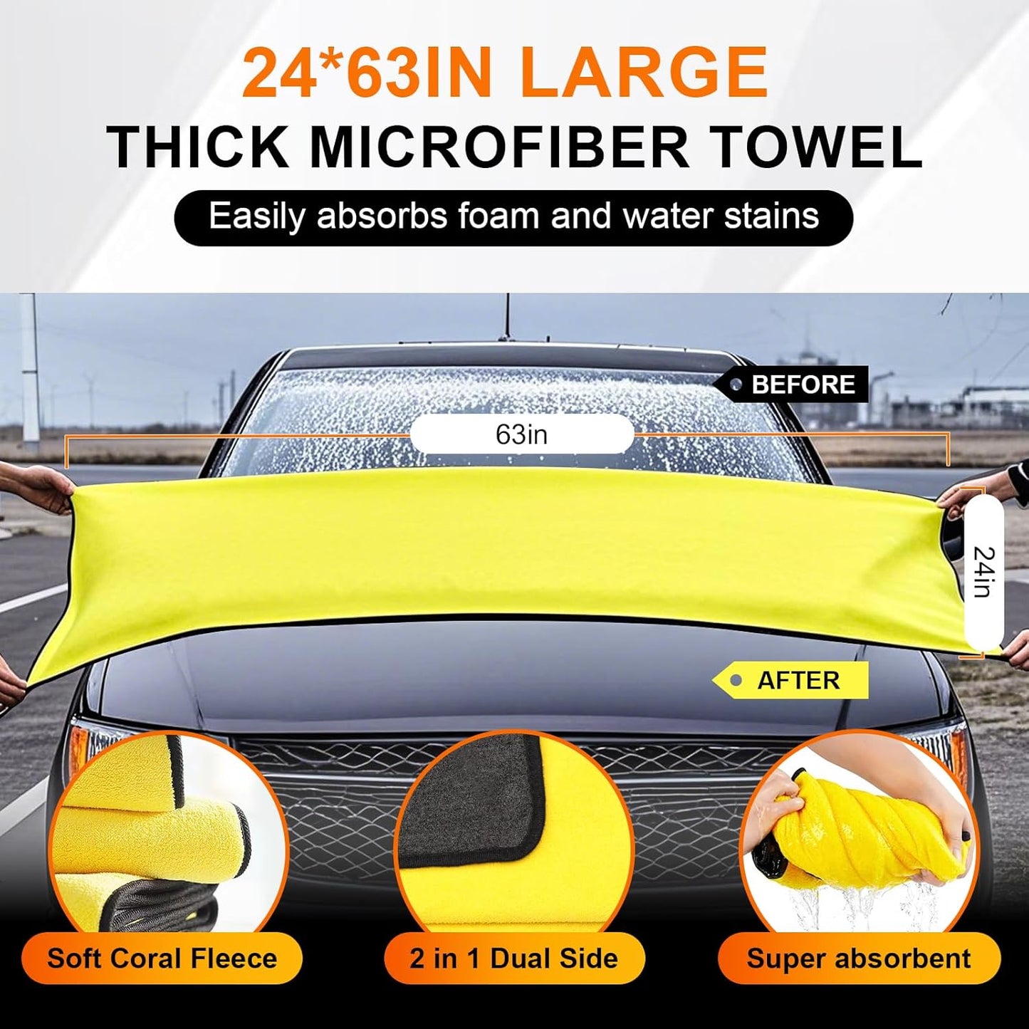 Car Wash Brush with Long Handle, 47" Car Wash Mop with Grip Handle, 2 Replaceable Microfiber Mop Heads and 1 24*63" Car Cleaning Towel for Car Washing, Truck, SUV, Boat, RV Roof