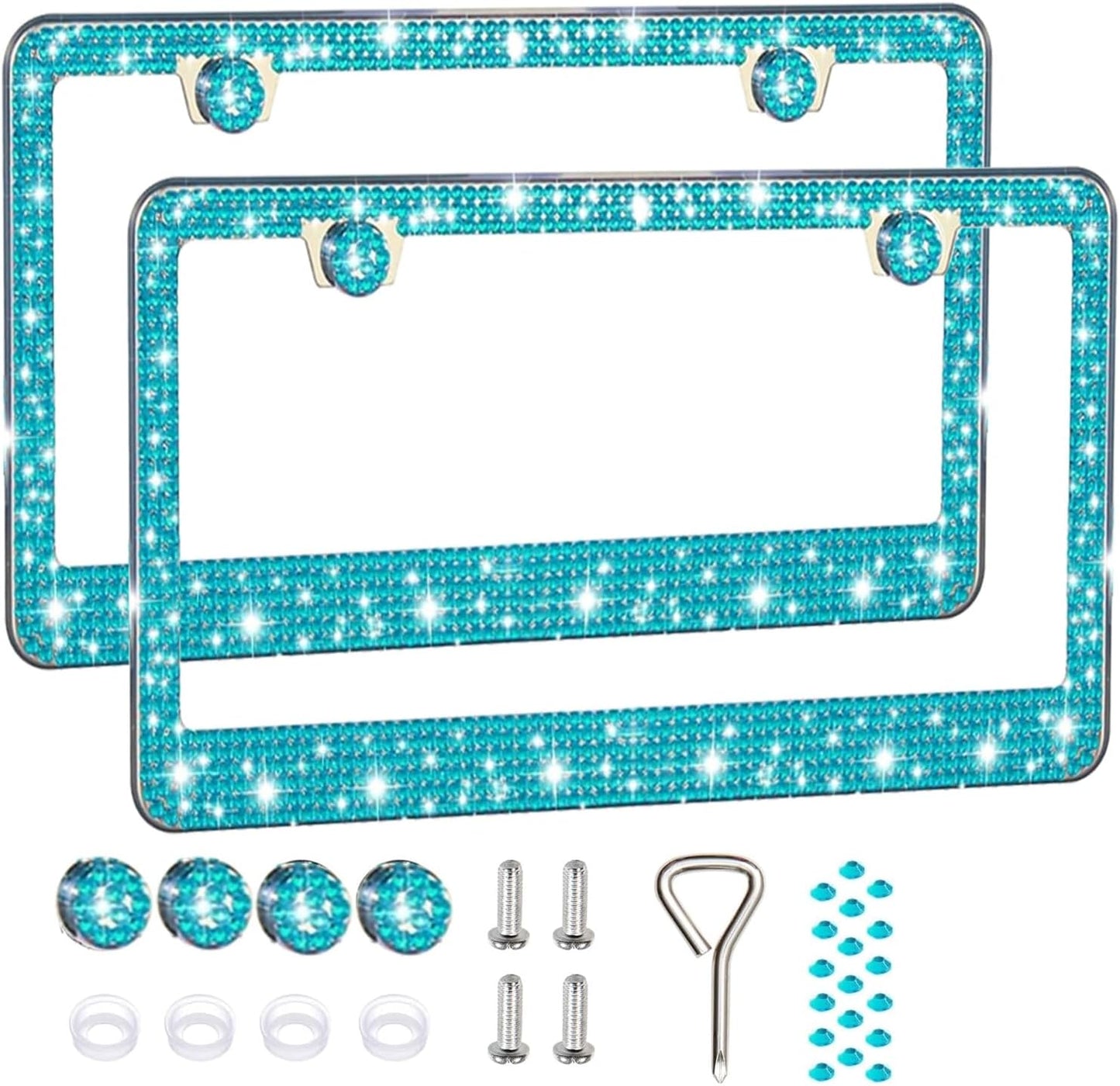 2 Pack License Plate Frames for Women, Sparkly Rhinestone Diamond Car Accessories with Glitter Crystal Caps (Blue（2PCS）)