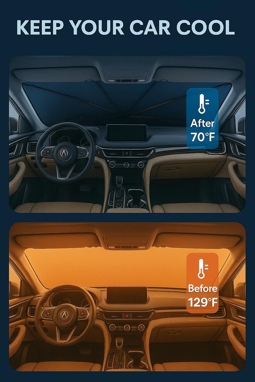 Proadsy Windshield Sun Shade Umbrella for Acura MDX 2022-2025 2026 Foldable Car Umbrella Sunshade with Soft TPU Handle Spring Structure Crystal Cooling Material Protect Car from Rays & Heat