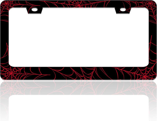 Red Spider Web License Plate Frame Funny Cobweb Stainless Steel License Plate Holder for Front or Rear Car Tags for Car Decoration Accessories with Screws 6.3 X 12.2 in for Women Men