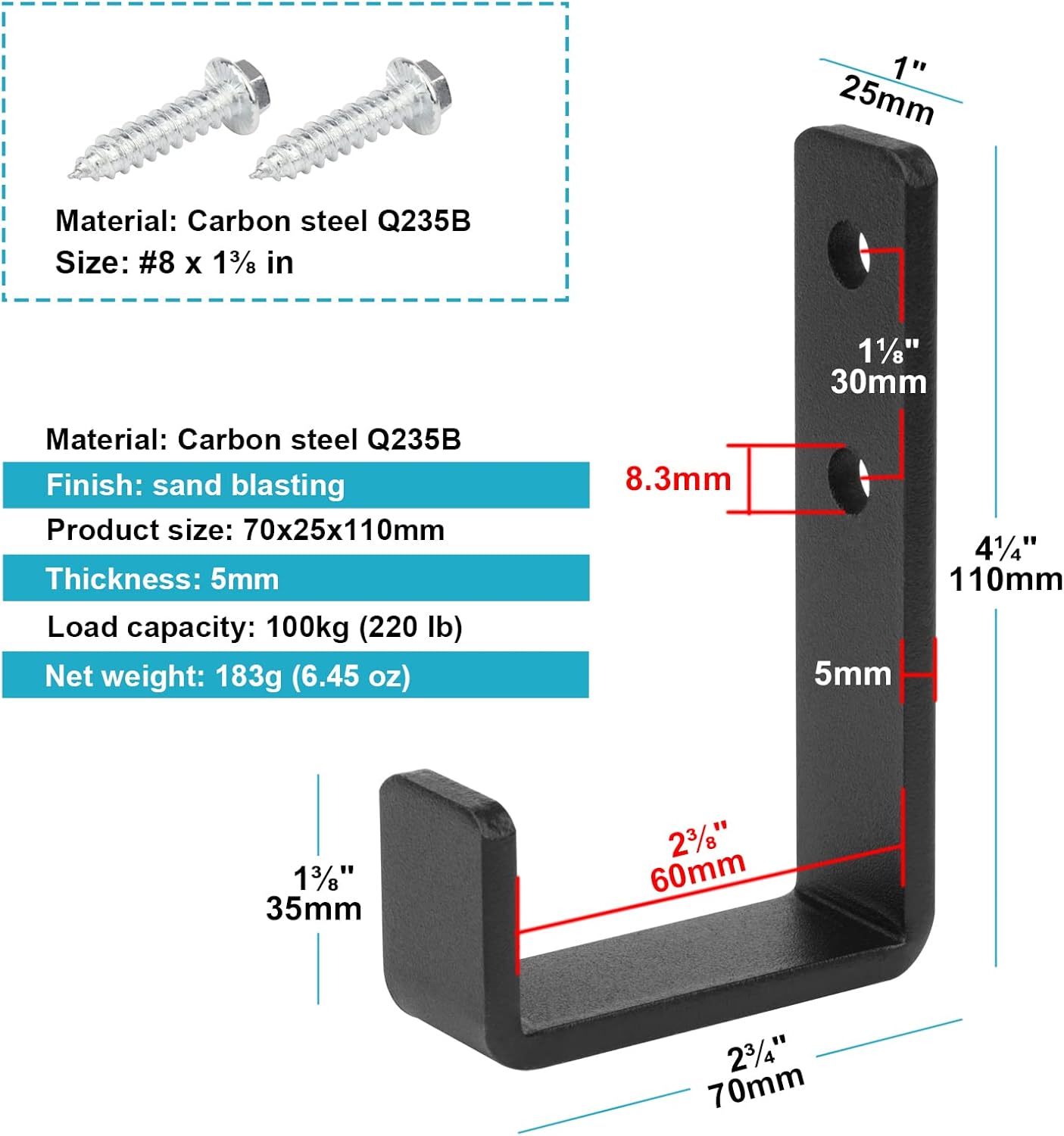 4 Pcs 4-3/8" Heavy Duty Black Steel J Hooks, Wall Mount Utility Hook for Hanging Barbells Garage Storage
