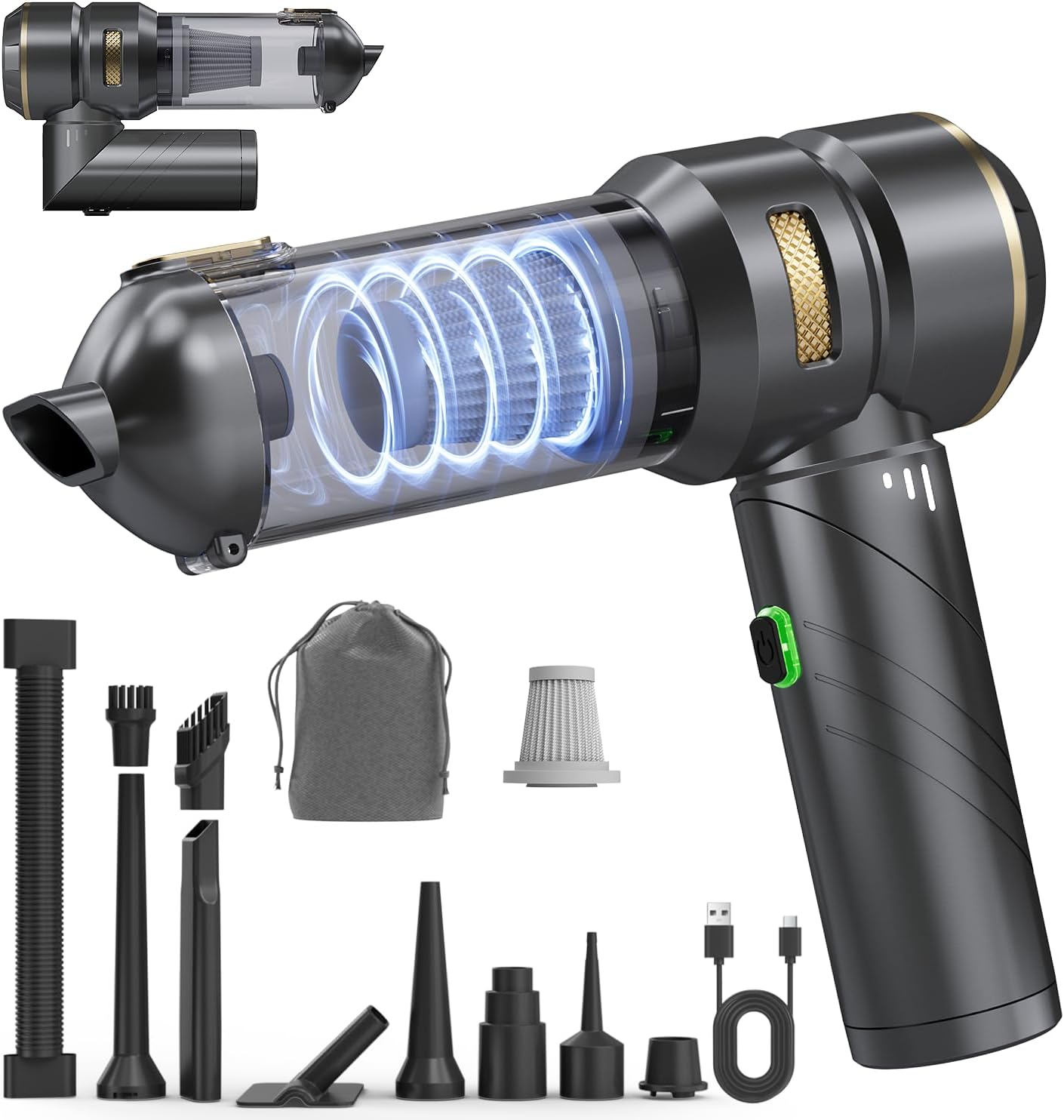 Car Vacuum Portable Cordless, Foldable Handheld Vacuum with Brushless Motor, 22000PA High Power Mini Hand Vacuum Cleaner & Air Blower & Duster & Pump for Home, Pet, Office