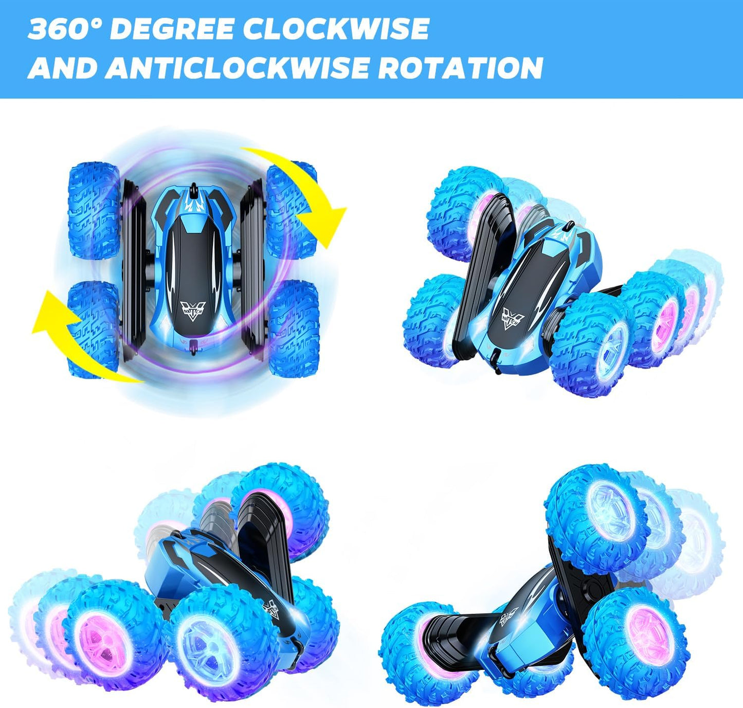 KKONES Remote Control Car, 2.4GHz Double Sided 360° Flips Rotating Electric Race RC Stunt Car, LED Wheel & Headlight High Speed Off Road Cars Toy Gift for 3 4 5 6 7 8-12 Year Old Boy Toys (Blue)