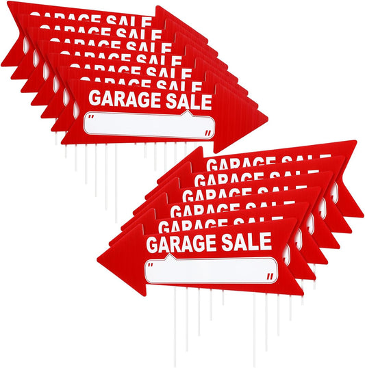 Wenqik 12 Pcs Garage Sale Signs with Stakes Double Sided Neon Arrow Signs with Stakes 17 x 6 Inches High Visibility This Way Plastic Garage Sale Decoration(Red and White)