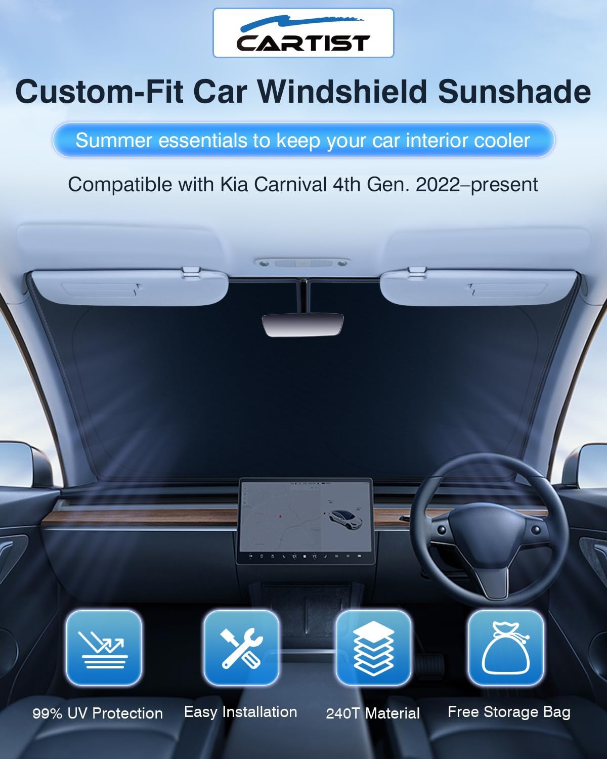 Cartist 5-Layer Windshield Sun Shade Custom Fit for Kia Carnival 2022-2025 2026 Accessories Foldable Car Front Window Sunshade Sun Visor