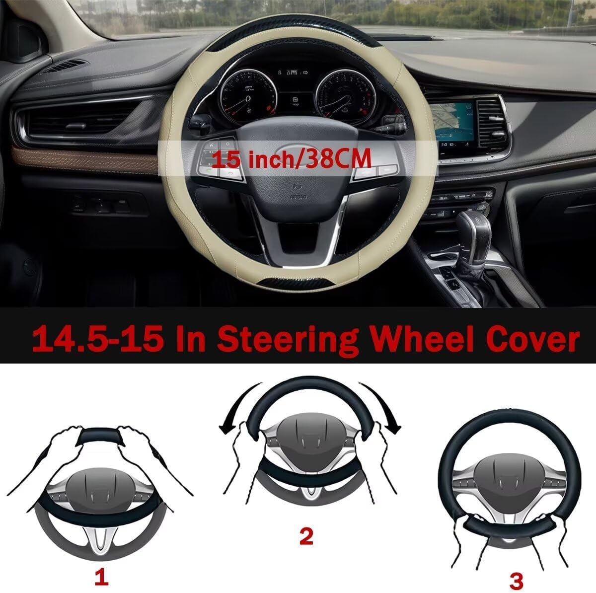 Car Steering Wheel Cover with Cup Coasters, Universal 15 inch Leather Carbon Fiber Steering Wheel Covers Comfort Grip Breathable Anti-Slip Steering Wheel Accessories for SUV Truck Van Auto - Beige