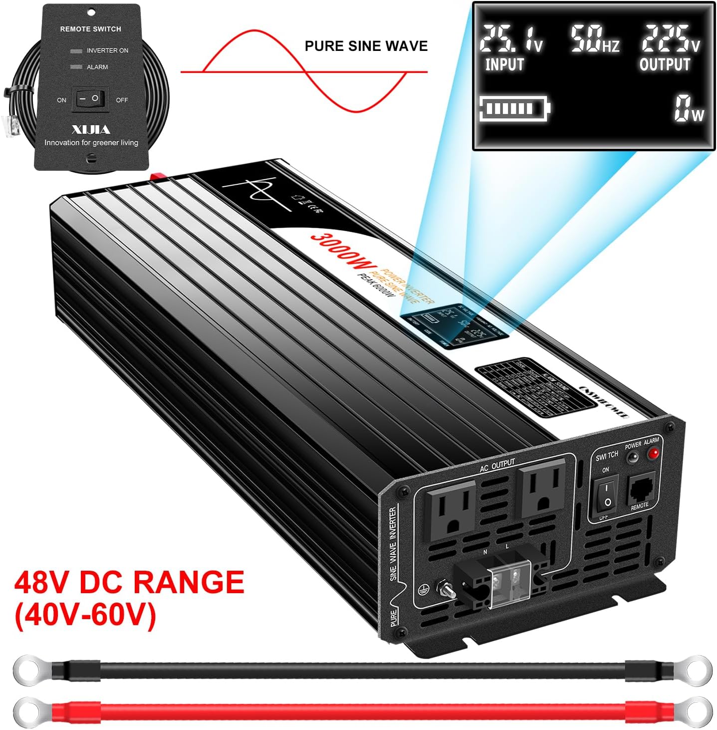 Xijia LCD-Display 3000W (Peak Power 6000W) dc 48v to 110V 120V ac 60HZ Pure sine Wave Solar Inverter for Home RV &Camping (DC48V (Range 40V-60V) 3000W)