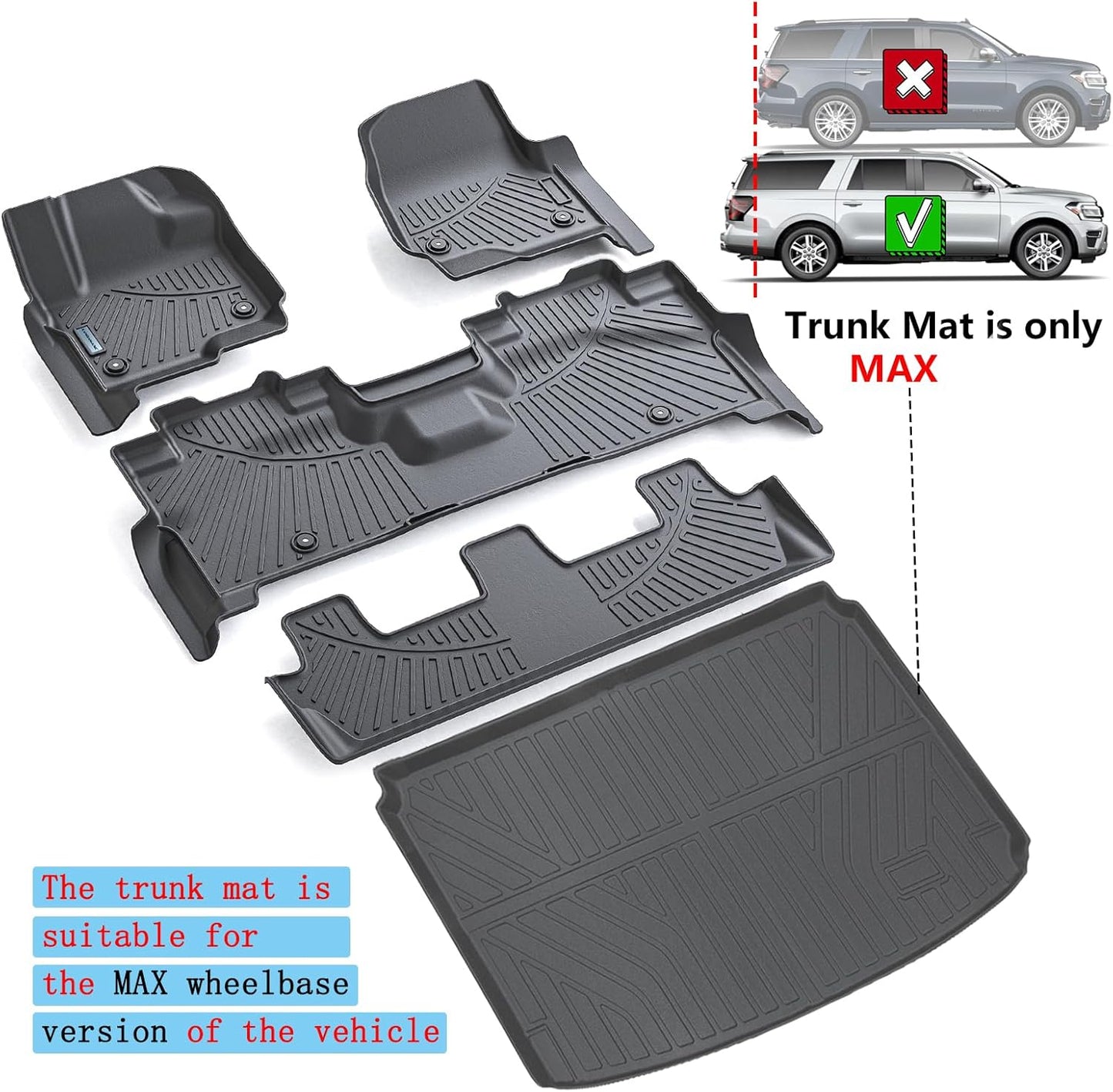 Floor Mats & Trunk mat for 2018-2024 Ford Expedition MAX (Only Fit 8 Seats) (2 Row Bench Seat),TPE All Weather Protection 3 Rows Car Floor Liners with Cargo Liners Accessories
