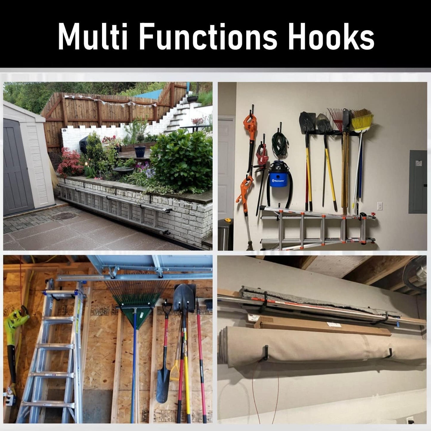 Heavy Duty Steel Garage Storage Hooks, 9.5Inches Jumbo Arm Ladders Utility Rack, Wall Mounted Hanger Organizer for Tools, Bikes, Jeep Door