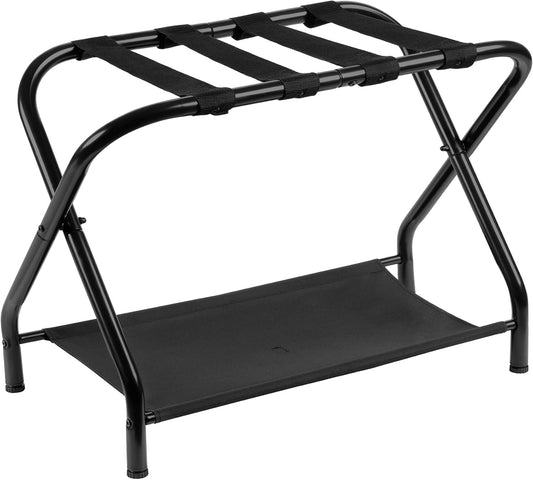 Heybly Luggage Rack, Steel Folding Suitcase Stand with Storage Shelf for Bedroom, Hotel, Foldable Steel Frame, Guest Room Bedroom Hotel, 22.8" L x 11.8" W x 20.9" H, Black HLR004B1