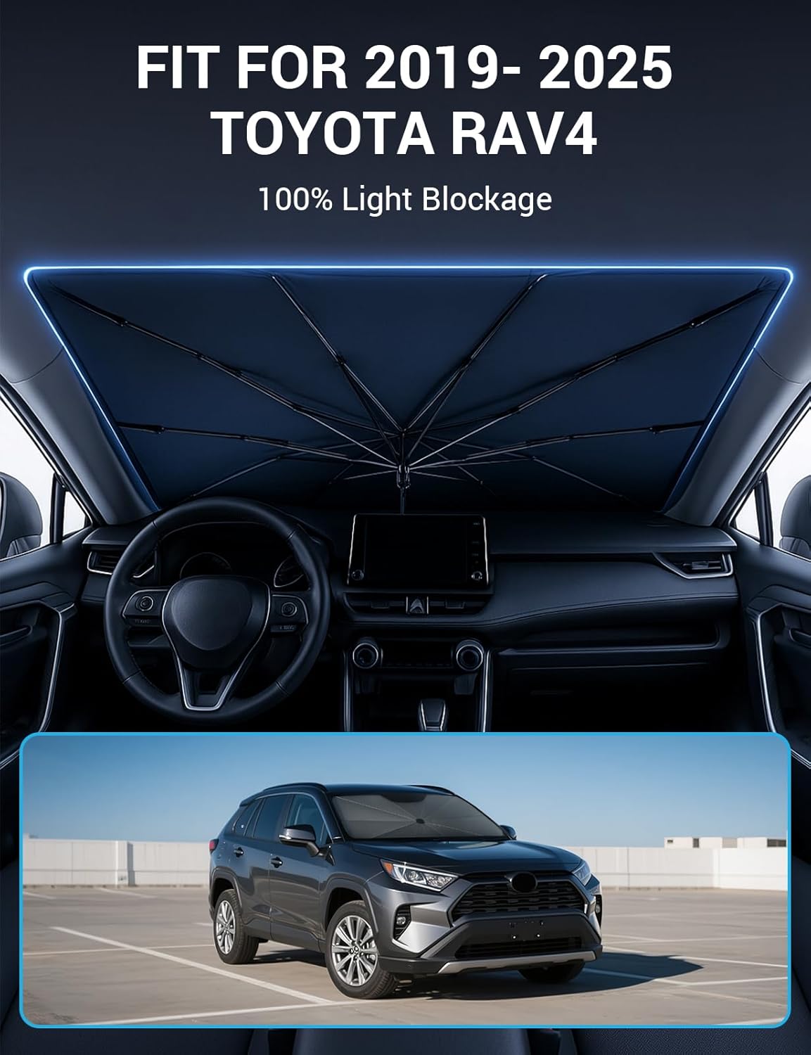 Proadsy Windshield Sun Shade Umbrella for Toyota RAV4 2019-2025 2026 Foldable Car Umbrella Sunshade with Soft TPU Handle Spring Structure Crystal Cooling Material Protect Car from Rays & Heat