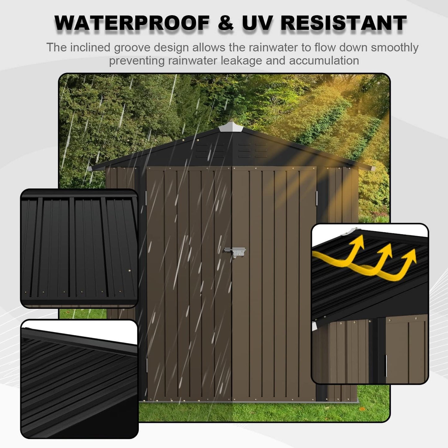 JUMMICO Metal Outdoor Storage Shed 6 x 4 FT Metal Shed with Lockable Door,Waterproof Garden Tool Shed Storage House for Backyard Patio Lawn,Brown