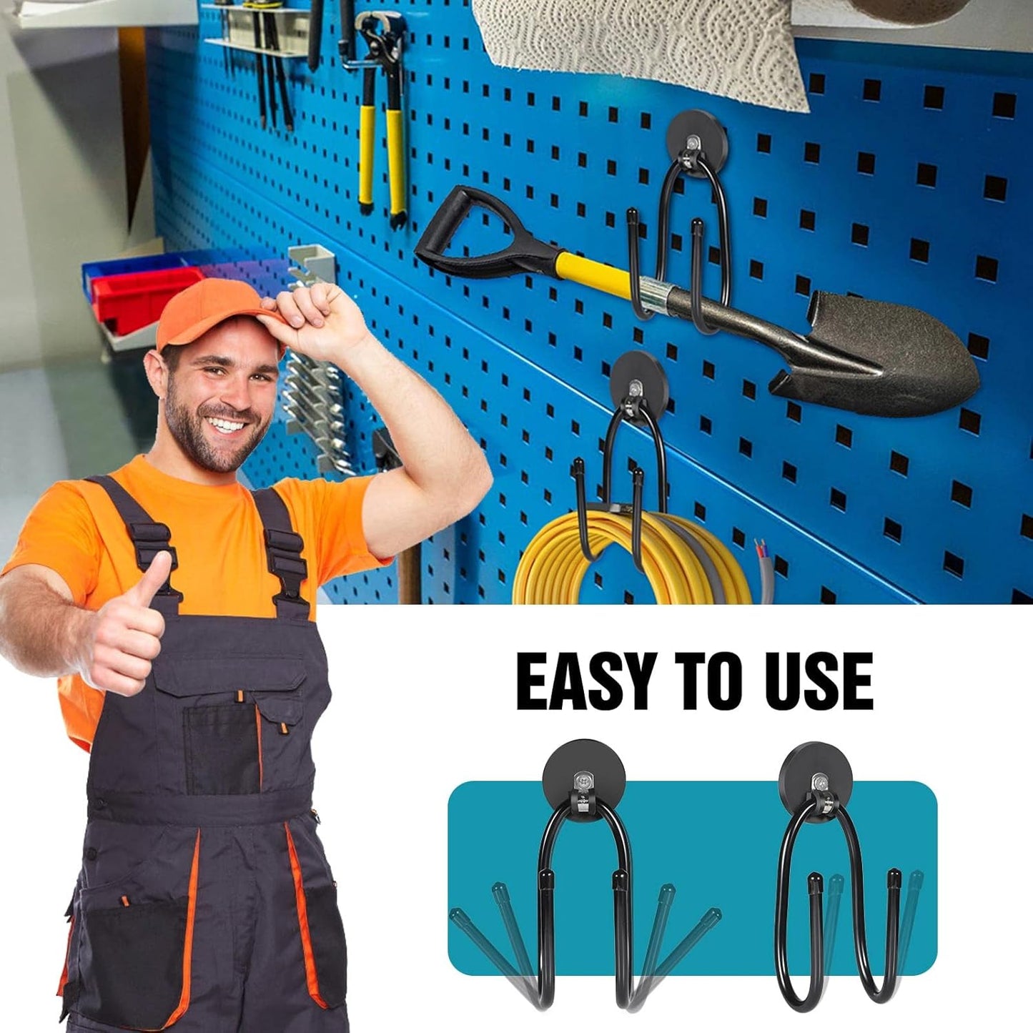 Strong Magnetic Hooks,Heavy Duty Storage Straps Tool Organizer for Extension Cords, Hoses, Cables, Ropes, Drills,Wall Mount for RV and Garage (2 PCS 50 Pounds) (Storage Hook)