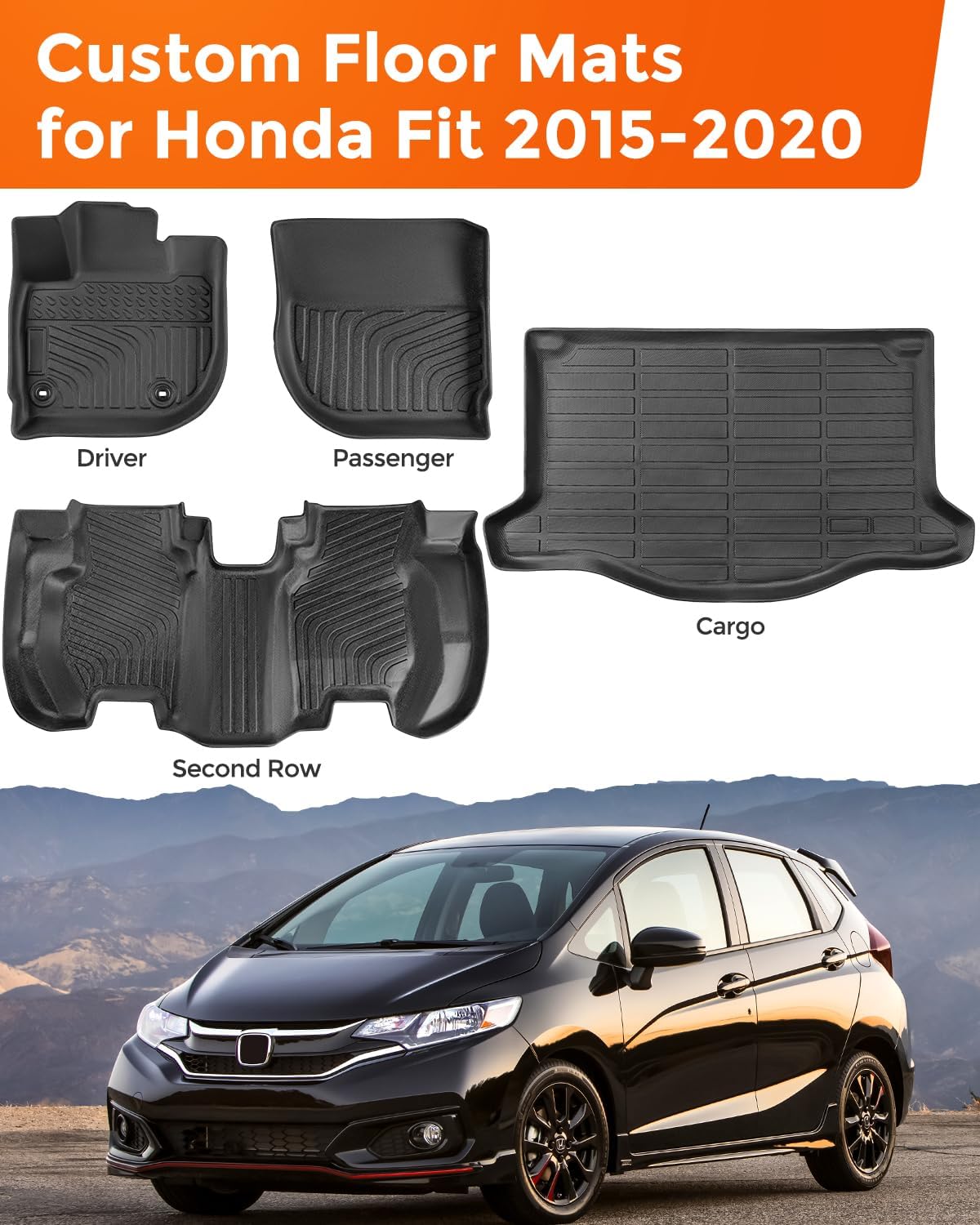 Car Floor Mats for Honda Fit : 2015-2020 (Not for Manual Transmission) Cargo Trunk Liner, Accessories All Weather Rubber Custom Fit for Honda Fit 2020 2019 2018 2017 2016 2015 SUV 5-Seat Models Black