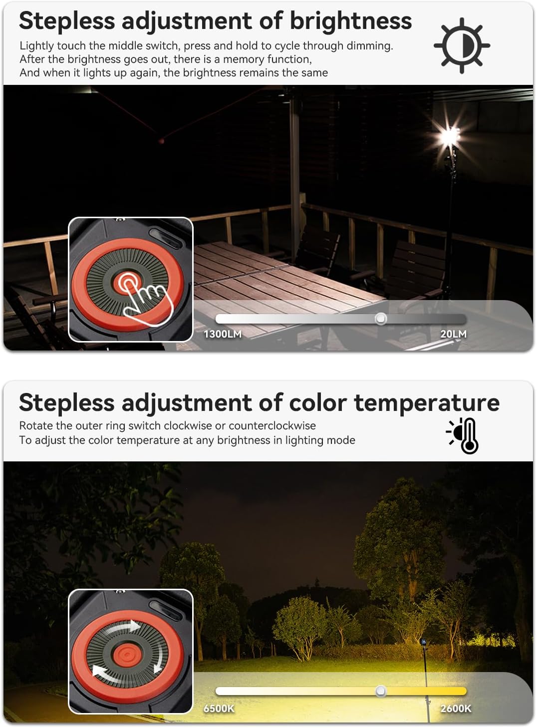 SUNREI 1300LM LED Magnetic Work Light with Stepless Dimming, 7800mAh COB Mechanic Flashlight, IPX65 Recharge Floodlight with Hook, 300° Rotate Job Site Lighting for Car Repairing, Camping, Working