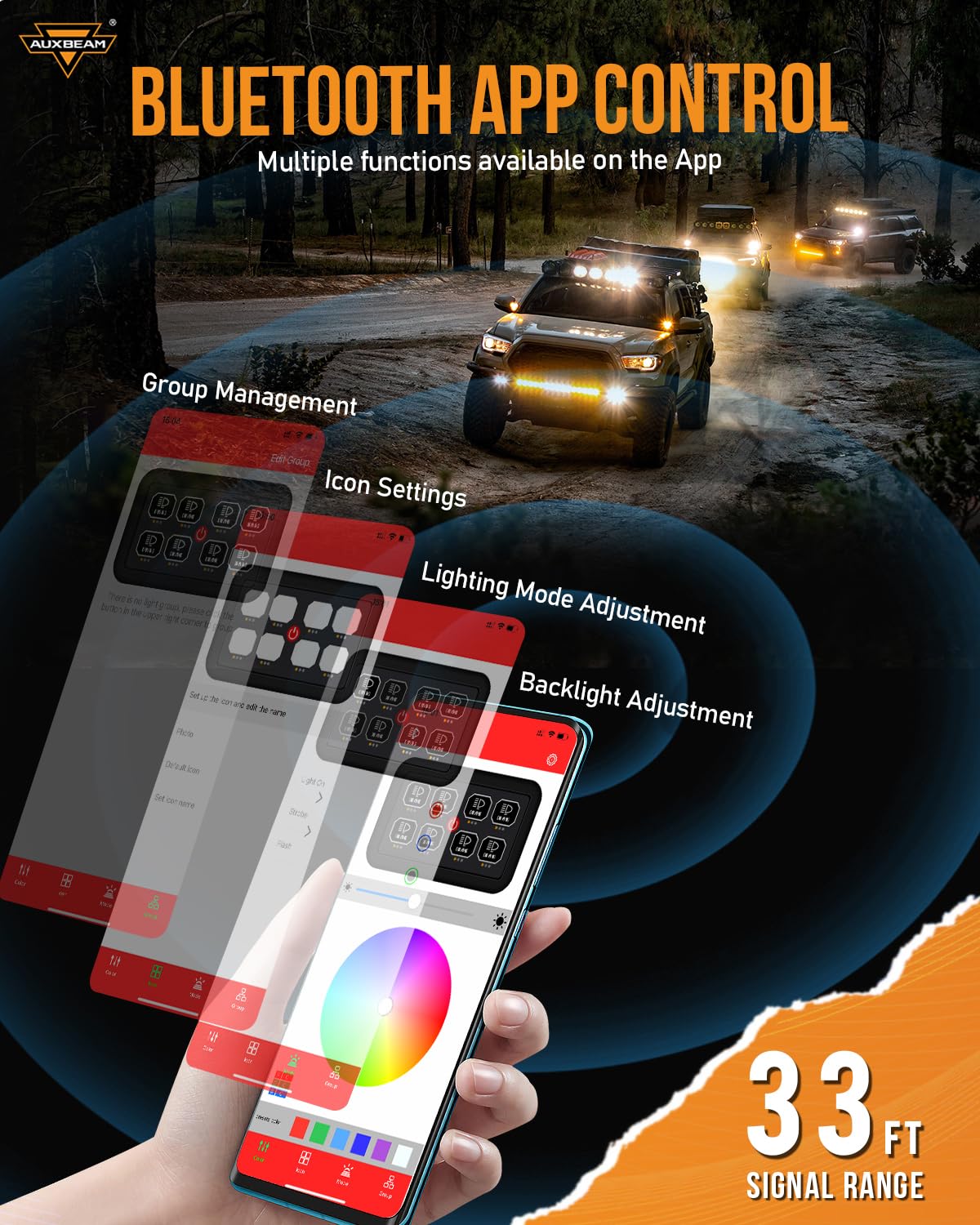 Auxbeam 8 Gang Switch Panel AR-820 Bluetooth RGB Switch Pod Automatic Dimmable Multifunction Switch w/Toggle Momentary Pulsed Control Panel for UTV ATV Truck Car RV Boat Waterproof 2 Years Warranty