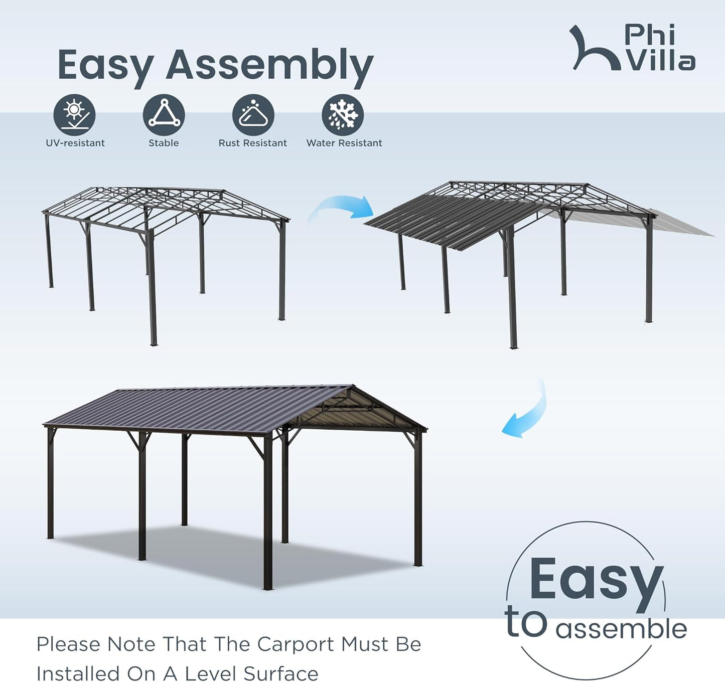 PHI VILLA 10 x 20 ft Carport Metal Carports with Galvanized Steel Roof, Sturdy Heavy Duty Metal Carport for Cars, Boats, and Tractors