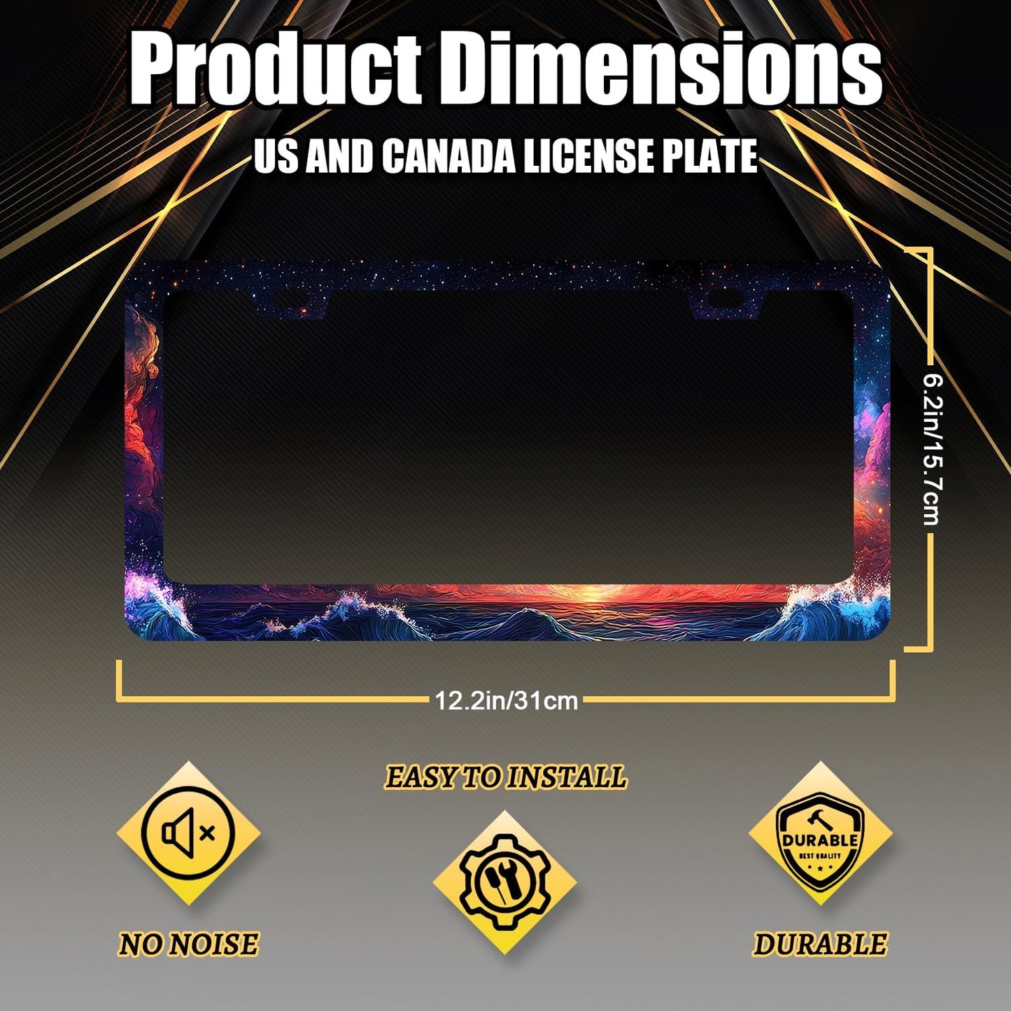 Waves Starry Sky Galaxy License Plate Frame Galaxy License Plate Holder Stainless Steel Funny Colorful Car Accessories Decoration 6.3" X 12.3" with 2 Holes Screws