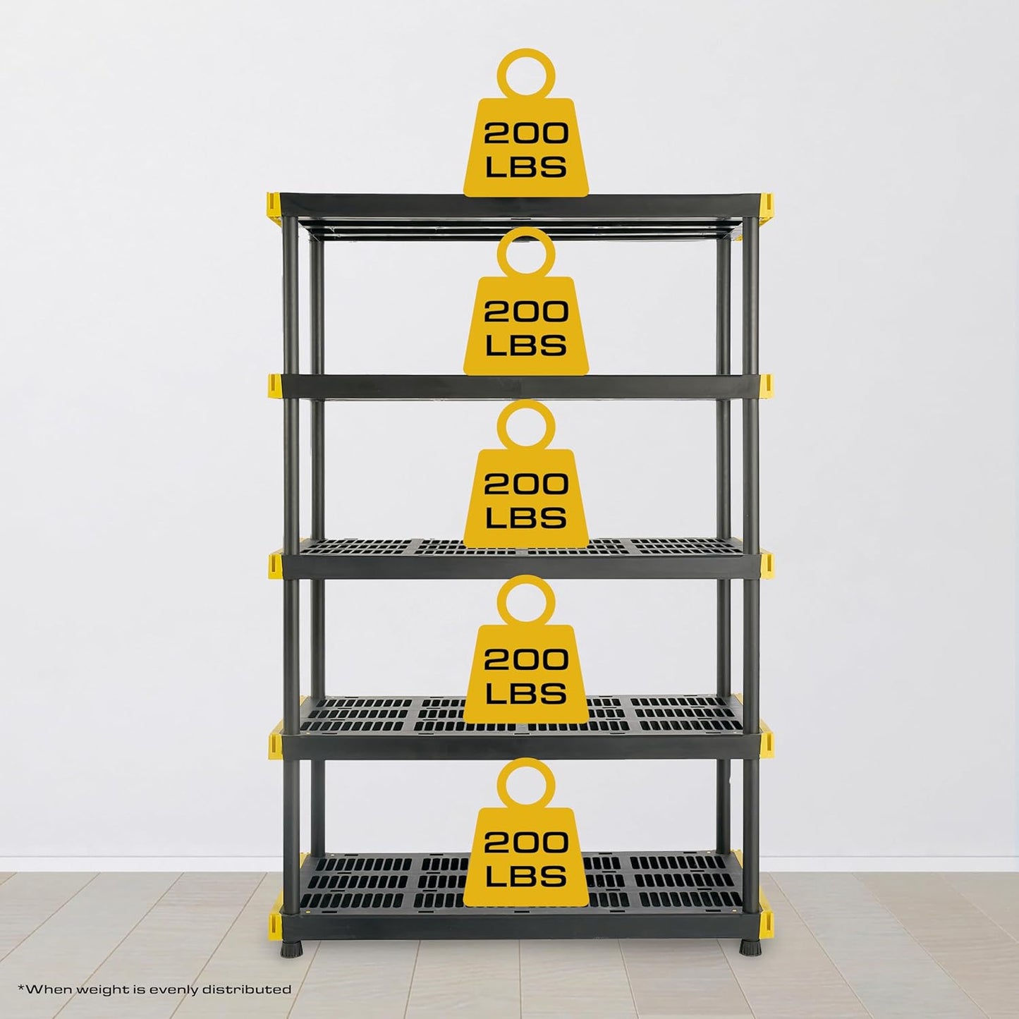 CX Black & Yellow®, 5-Tier Heavy Duty Plastic Storage Shelving Unit, 200lbs/shelf (72”H x 48”W x 20”D), for Indoor/Outdoor Organization, Modular Rack