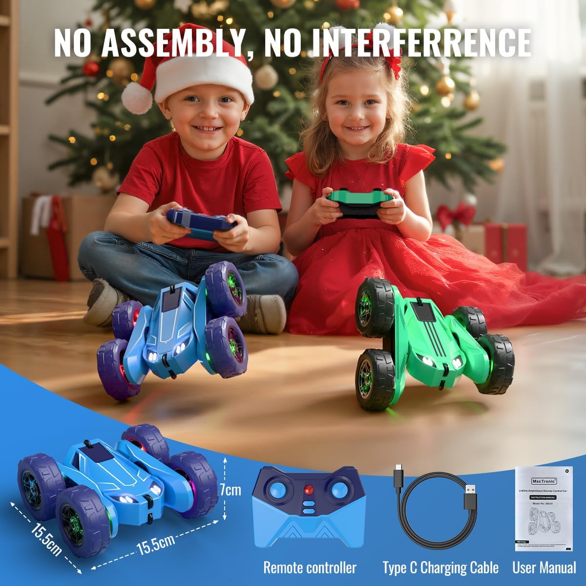 MaxTronic Remote Control Car, Rechargeable RC Cars & Remote - 20km/h Double Sided 360° Rotation Stunt Stunt Crawler with LED Lights for Boys Girls Aged 3-12