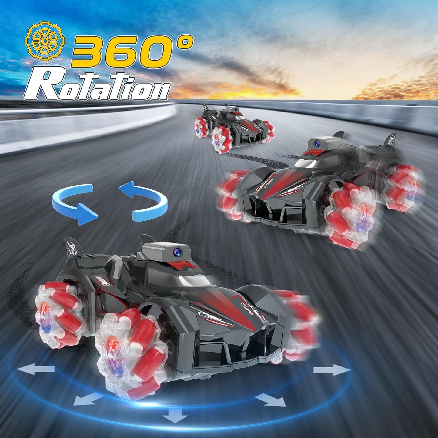 Yasola RC Car with Camera for Kids, Remote Control 360° Rotating High Speed Stunt Vehicle Toy for Boys and Girls, Rechargeable Racing Drift Cars with Flashing Lights and Dynamic Sound for Adults