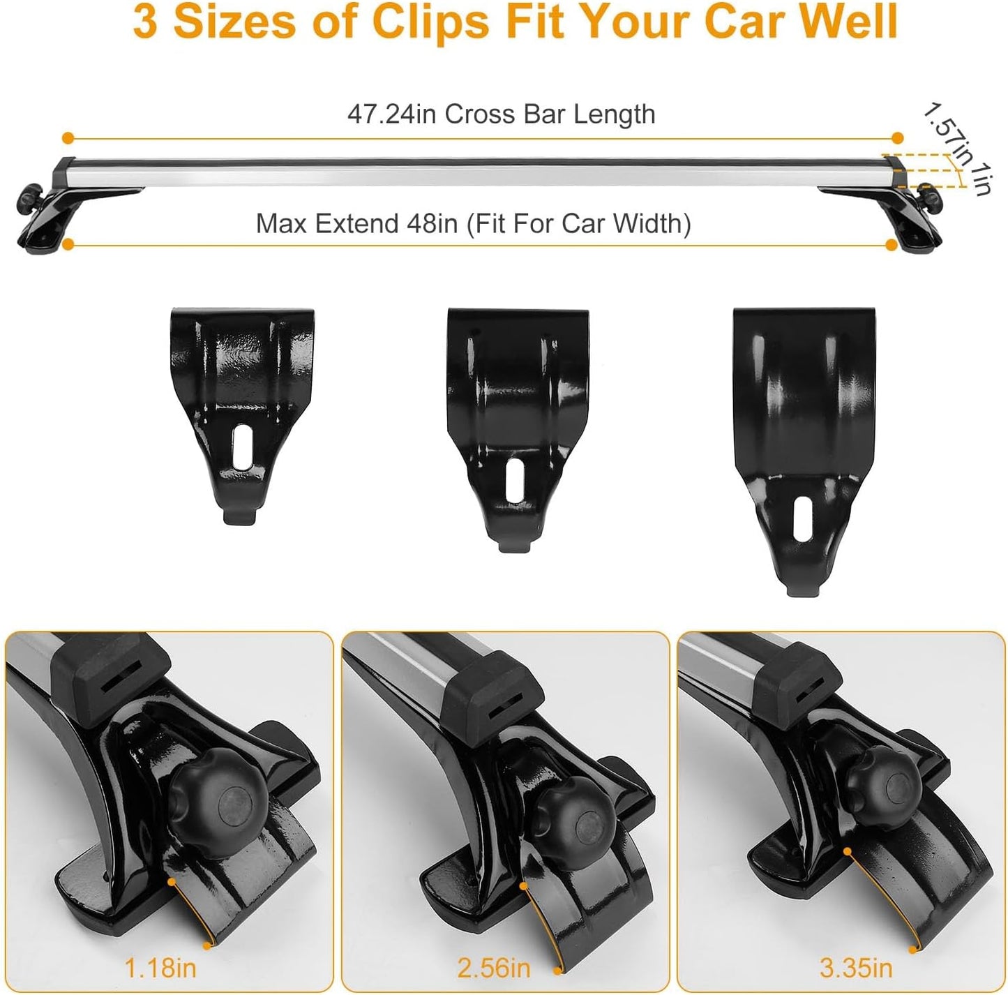2Pcs Universal Roof Rack Cross Bars，47.24” Aluminum Cross Bars with 165LBS Capacity，Lightweight Car Roof Rack Cross Bars for Most Car Without Roof Side Rail for Bike Kayak Cargo Luggage
