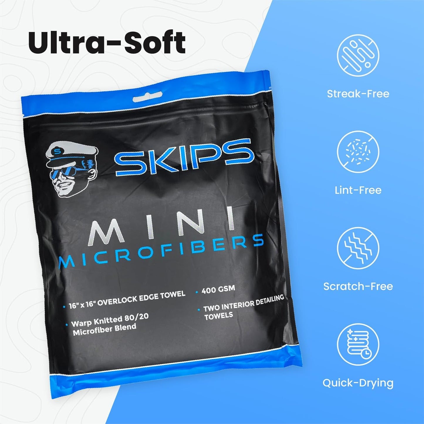 SKIPS Mini Microfiber Towels: 2-Pack of Premium Interior Detailing Towels, Lint-Free Microfiber Cleaning Cloth for Cars, Boats, and Large Surfaces - Ultra-Soft, Streak-Free, Safe for Paint