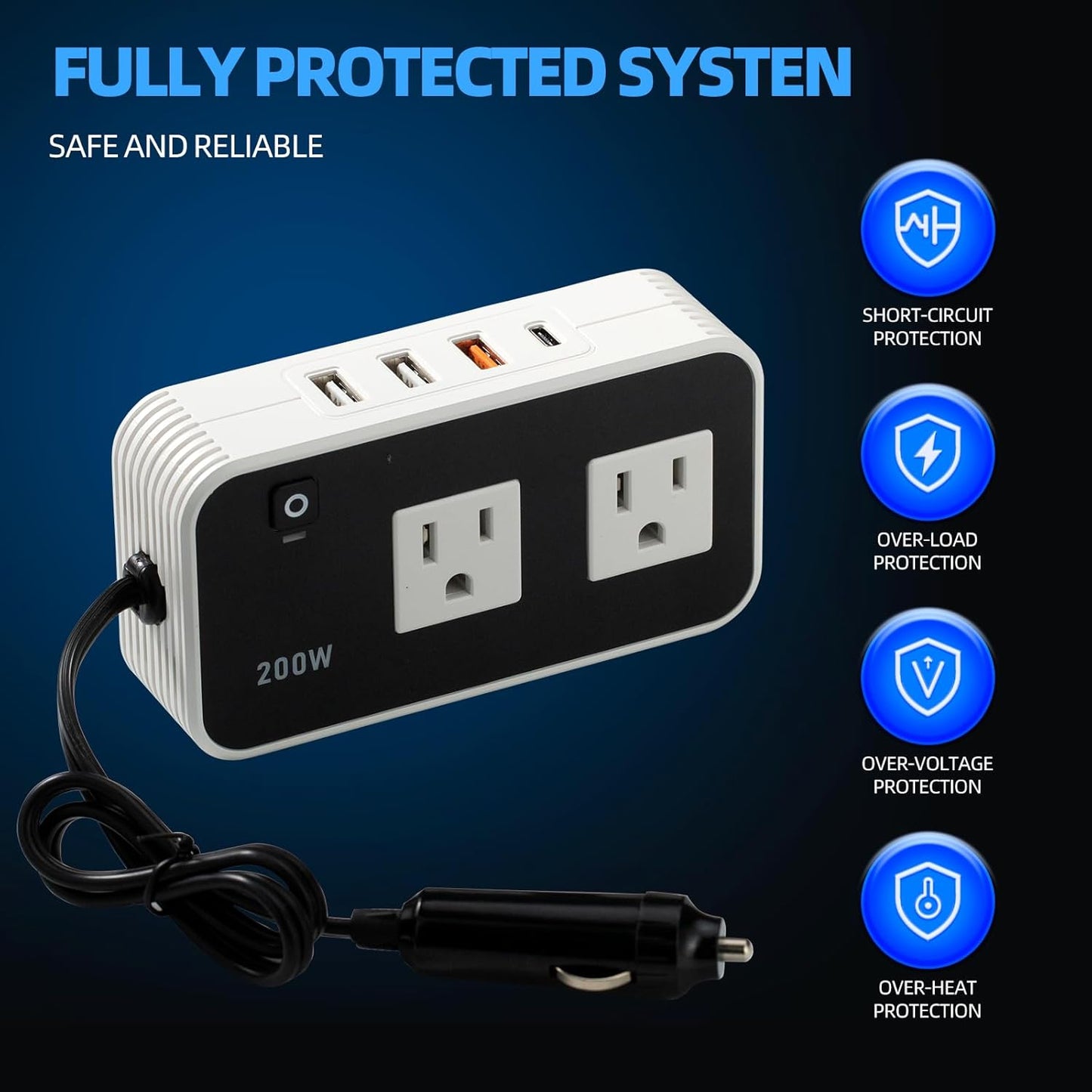 200w Automotive Power Inverter, 5v Dc to 110v Ac Automotive Converter, Automotive Adapter Plug Socket, 3 USB Ports, 1 Tep-C Port, Car Laptop Charger