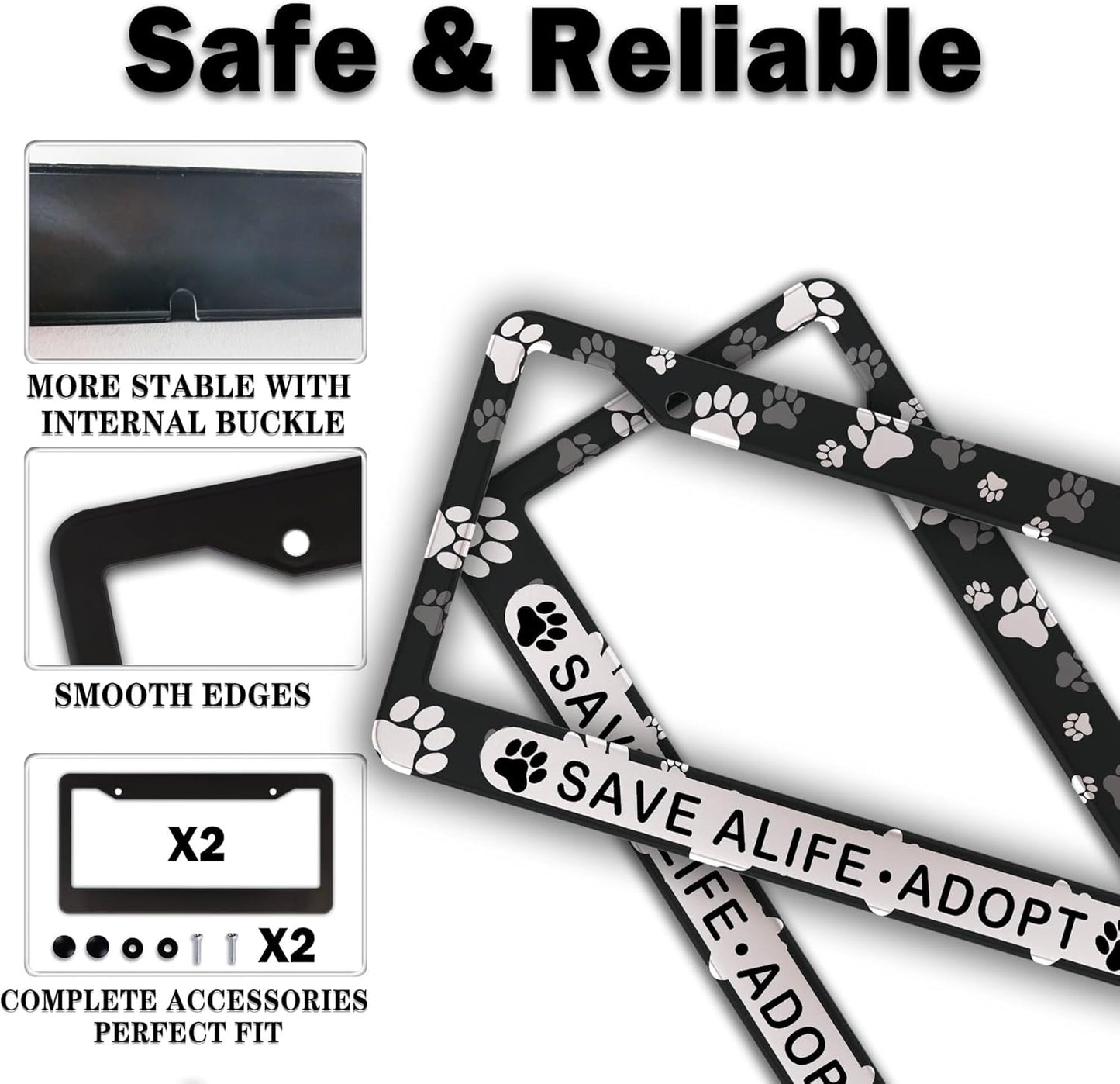 License Plate Holder Black and White License Plate Frames Save a Life Adopt Aluminum Metal Car Accessory 2 Pack with Screw Covers Set