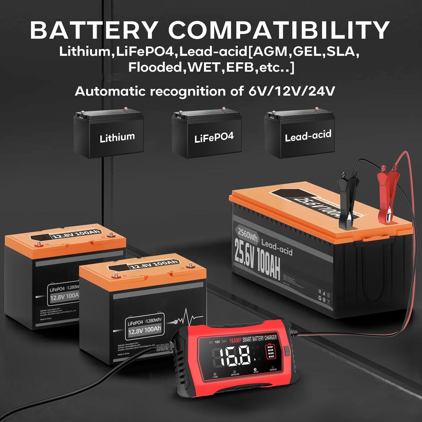 16-Amp Battery Charger, 6V/12V/24V Smart Car Battery Charger, Automotive Battery Maintainer, Trickle Charger for Car, SUV, Motorcycle, Boat, Lead-Acid, Lithium, LiFePo4 Battery