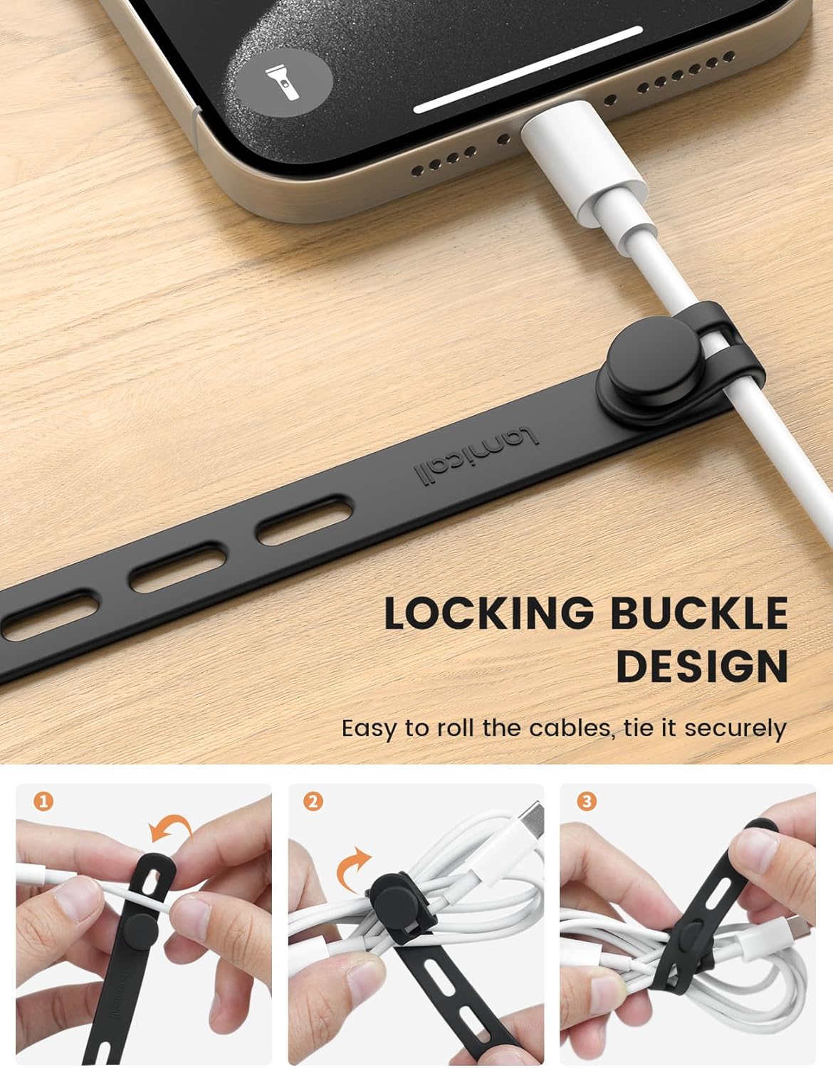 20Pack Silicone Cable Ties Cord Organizer Wrap - Lamicall Reusable Washable Wire Ties Management with Lock Buckle, Elastic Adjustable Charger Cable Strap, Electrical Cord Keeper for Travel Essentials