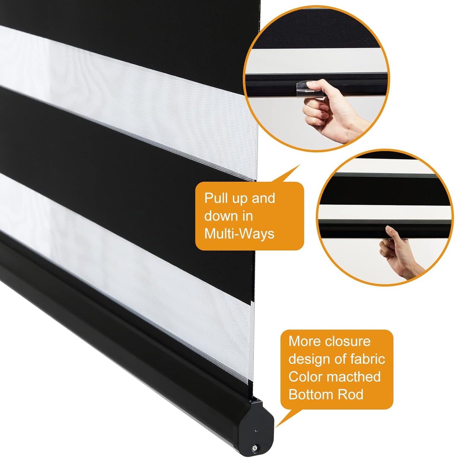 Persilux Cordless Zebra Blinds for Windows Free-Stop Roller Windows Shades (34" W X 72" H, Black) Dual Layer Light Control for Day and Night, Light Filtering Sheer Shades for Home, Easy to Install