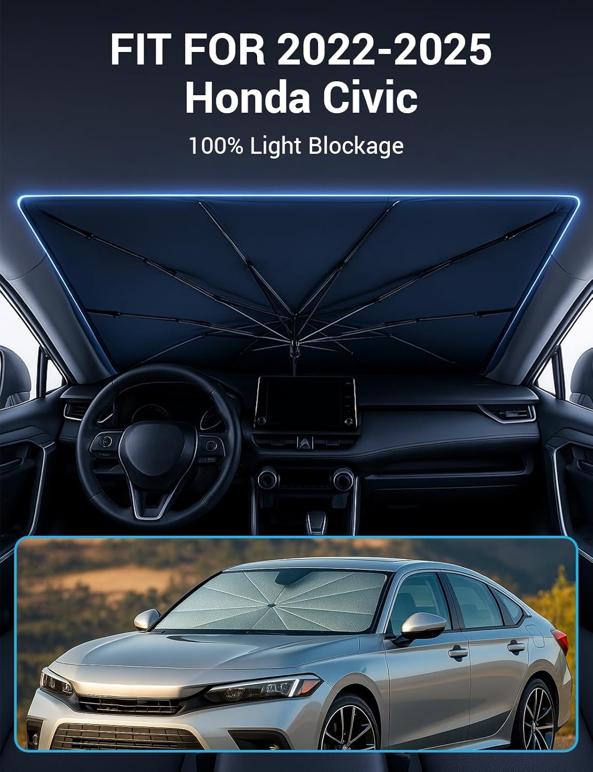 Proadsy Windshield Sun Shade Umbrella for Honda Civic 2022-2025 2026 Foldable Car Umbrella Sunshade with Soft TPU Handle Spring Structure Crystal Cooling Material Protect Car from Rays & Heat