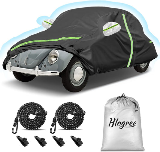 Car Cover for 1960-1980 Beetle Bug Sedan 2-Door,Full Exterior Car Covers for Automobiles All Weather Waterproof Heavy Duty,Zipper/Cotton Design Rain Snow Sun Winter UV Proof【210T Taffeta】- Black