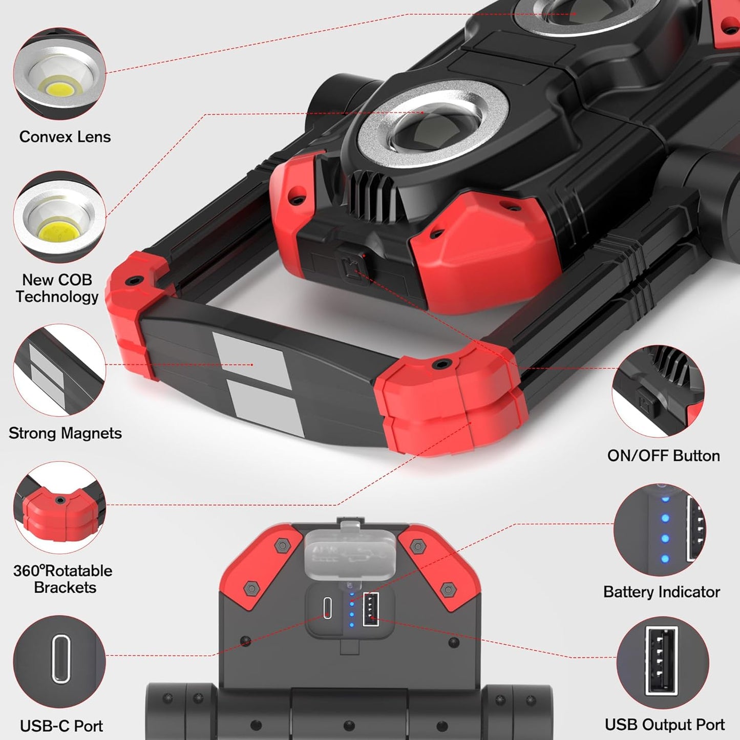 Adelante Rechargeable LED Work Light with Magnetic Bases, 2500LM 6500K 12 Hours Long Lasting, Mobile Charger, 360°Rotating Stand Waterproof USB Portable Flood Light for Mechanics, Repairing