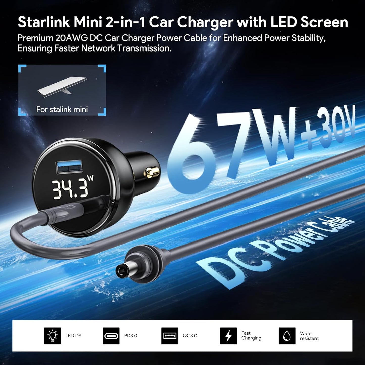QUIDDITY Starlink Mini Car Adapter DC Power Cable + Cigarette Lighter Adapter 12V-24V with Digital Display, Water-Resistent Car Charging Cord with USB Type-C Port Starlink Mini Accessories(5M/16FT)