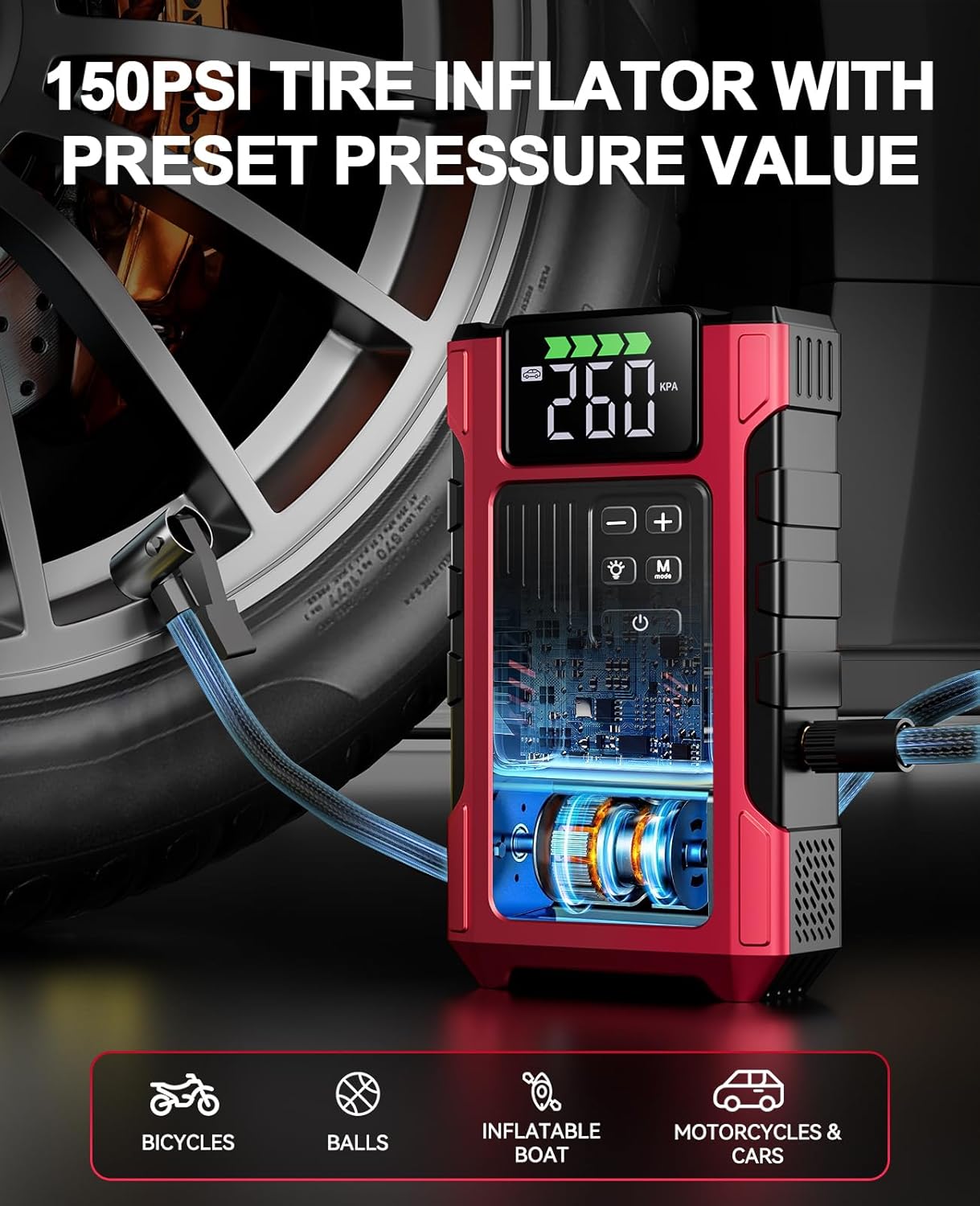 4000A Car Jump Starter with Air Compressor, Portable Charger Jumpstart 12V Vehicle, Power Pack with 150PSI Tire Inflator for 9.0L Gas/7.5L Diesel Engines Jump Box with Light and Jumper Cable