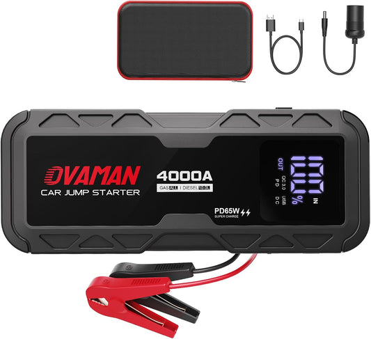 H5 Jump Starter, Portable 4000A Peak Car Battery Jump Starter(All Gas 10L Diesel) 12V Jump Box Auto Battery Pack Starter with Two-Way 65W Quick Charge Type-C Power Bank,LED Light,Jumper Cables