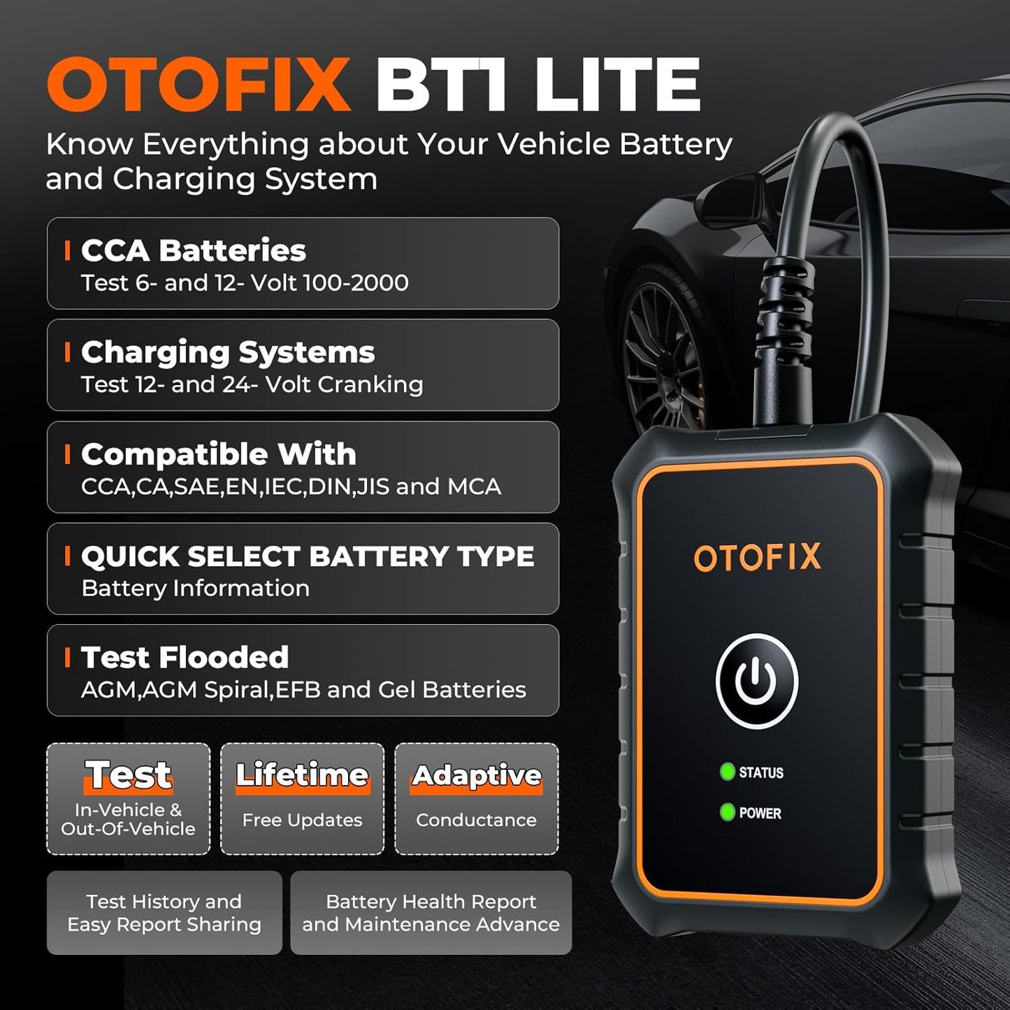 OTOFIX Car Battery Tester BT1 Lite, 6V 12V 100-2000 CCA Car Battery Analyzer, Auto Cranking Charging System Test Scan Tool, Battery Load Test,Use with D1/D1 Lite/D1 PROS/D1 MAX/IM1/IM2/Ultra