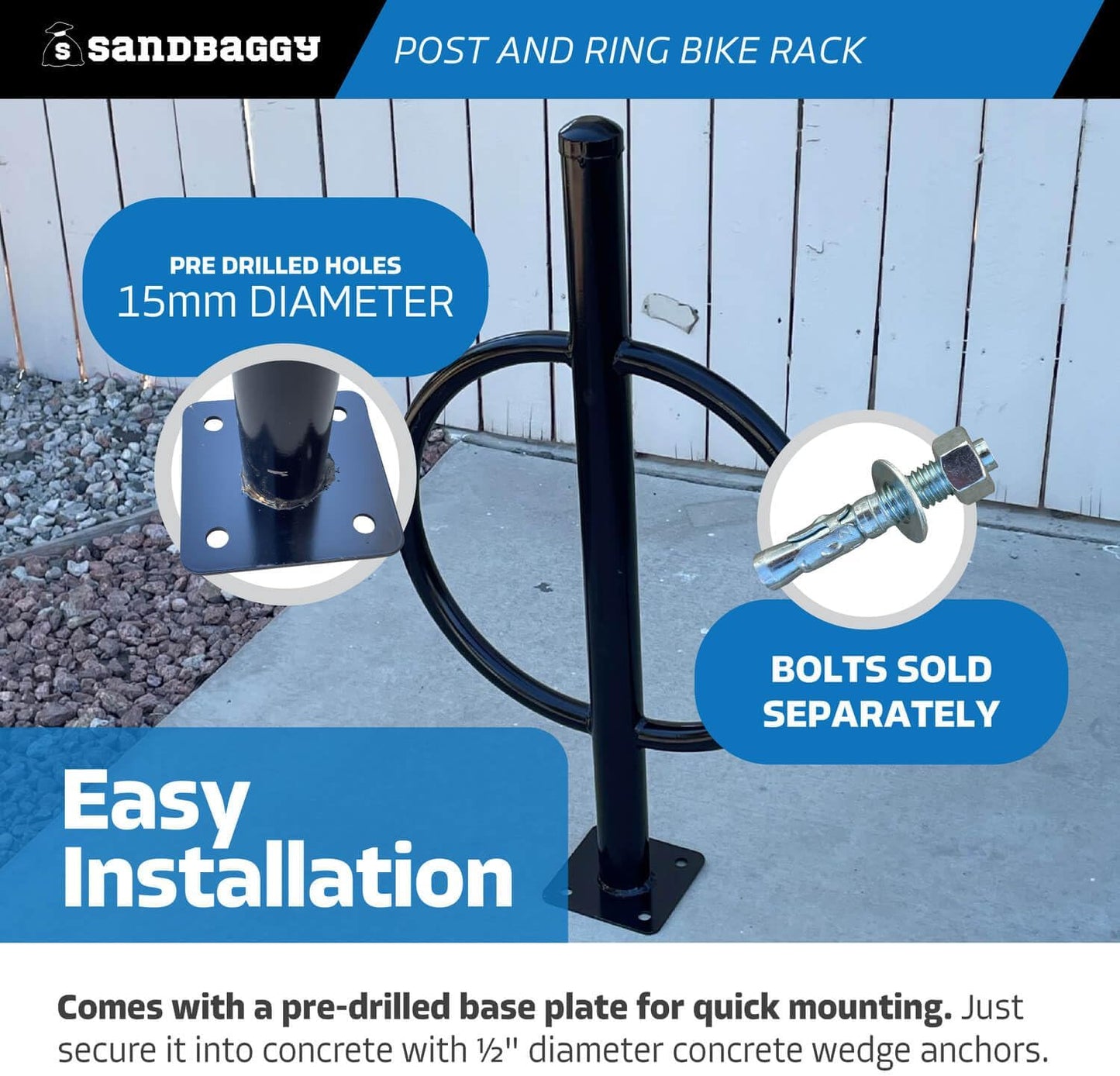Sandbaggy Post and Ring Bike Rack - Commercial Bike Racks - Galvanized Steel - Anti-Theft Design - In Ground, Apartments, Sidewalks, Industrial (Blue, 20)