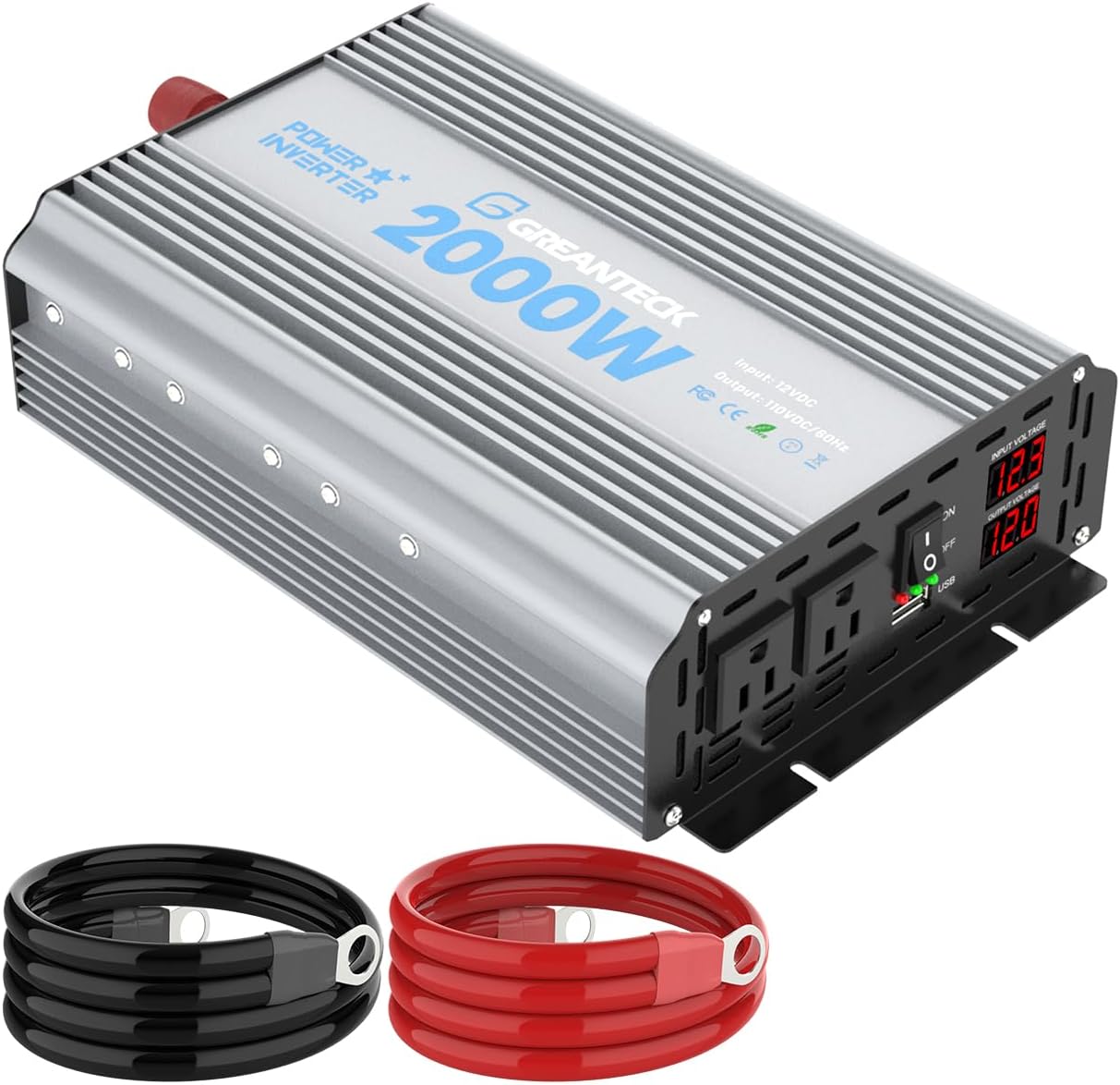 2000 Watt Power Inverter Modified Sine Wave, DC 12V to AC 110V 120V Converter with Dual Sockets, USB Port, LED Display for RV Truck Boat Solar Car Emergency Off Grid