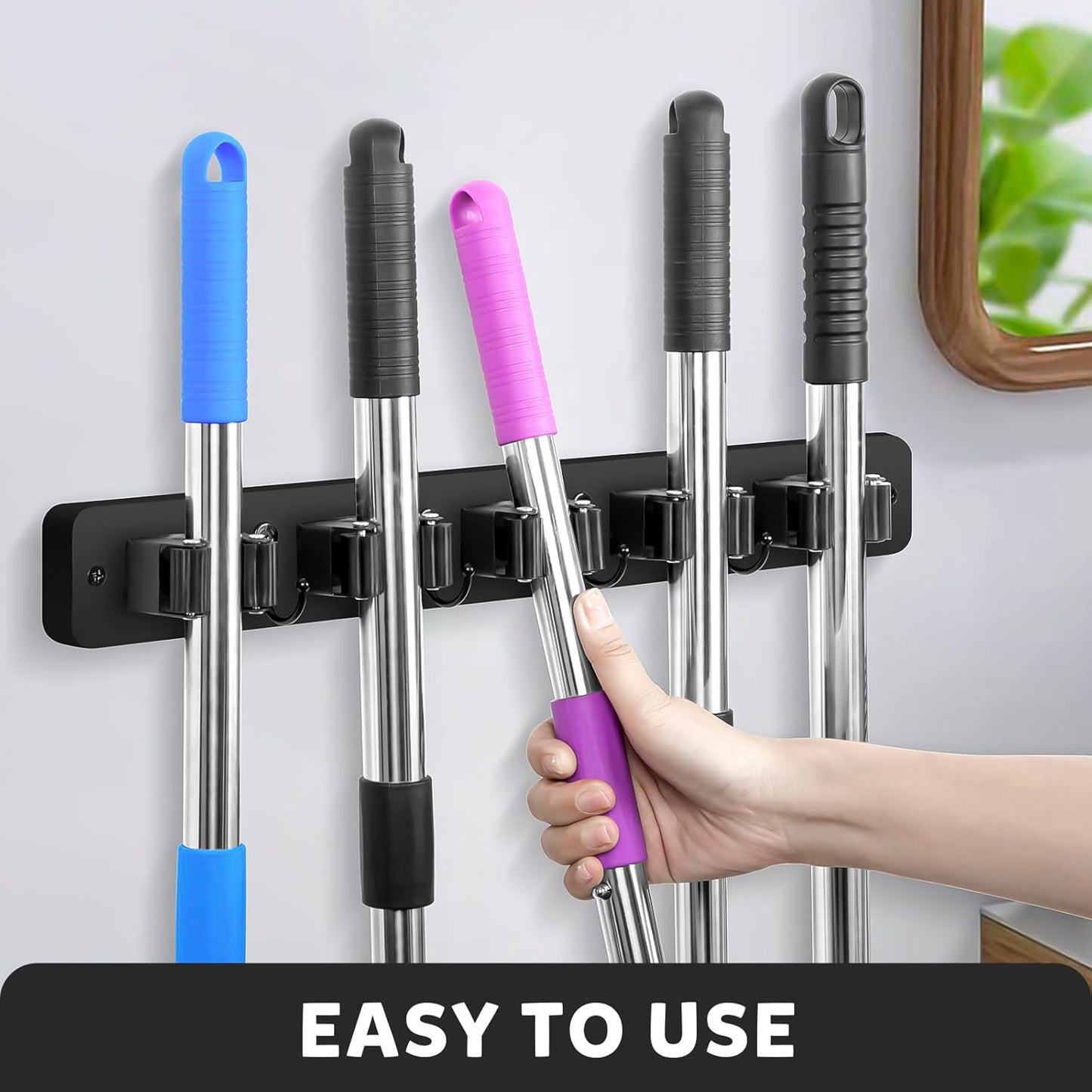 IMILLET Broom Holder Wall Mount, Wood Broom Holder with 5 Racks and 4 Hooks Broom Organizer, Laundry Room Organization and Storage, Mop Hanger for Home Organization, Garden, Garage, Closet (Black)